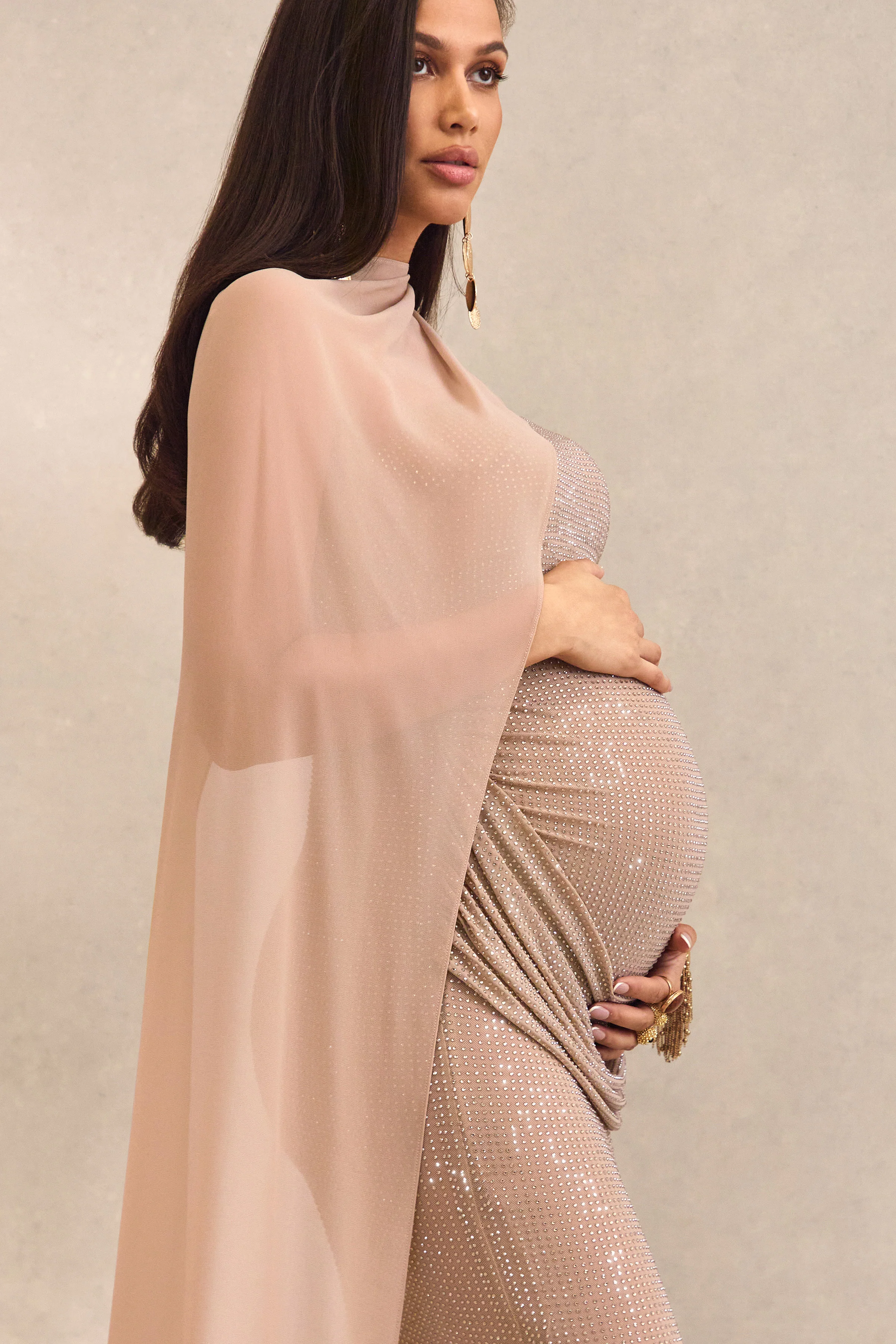 Ottoline | Champagne Hotfix Asymmetric-Neck Maternity Maxi Dress With Sheer Cape Detail - Image 6