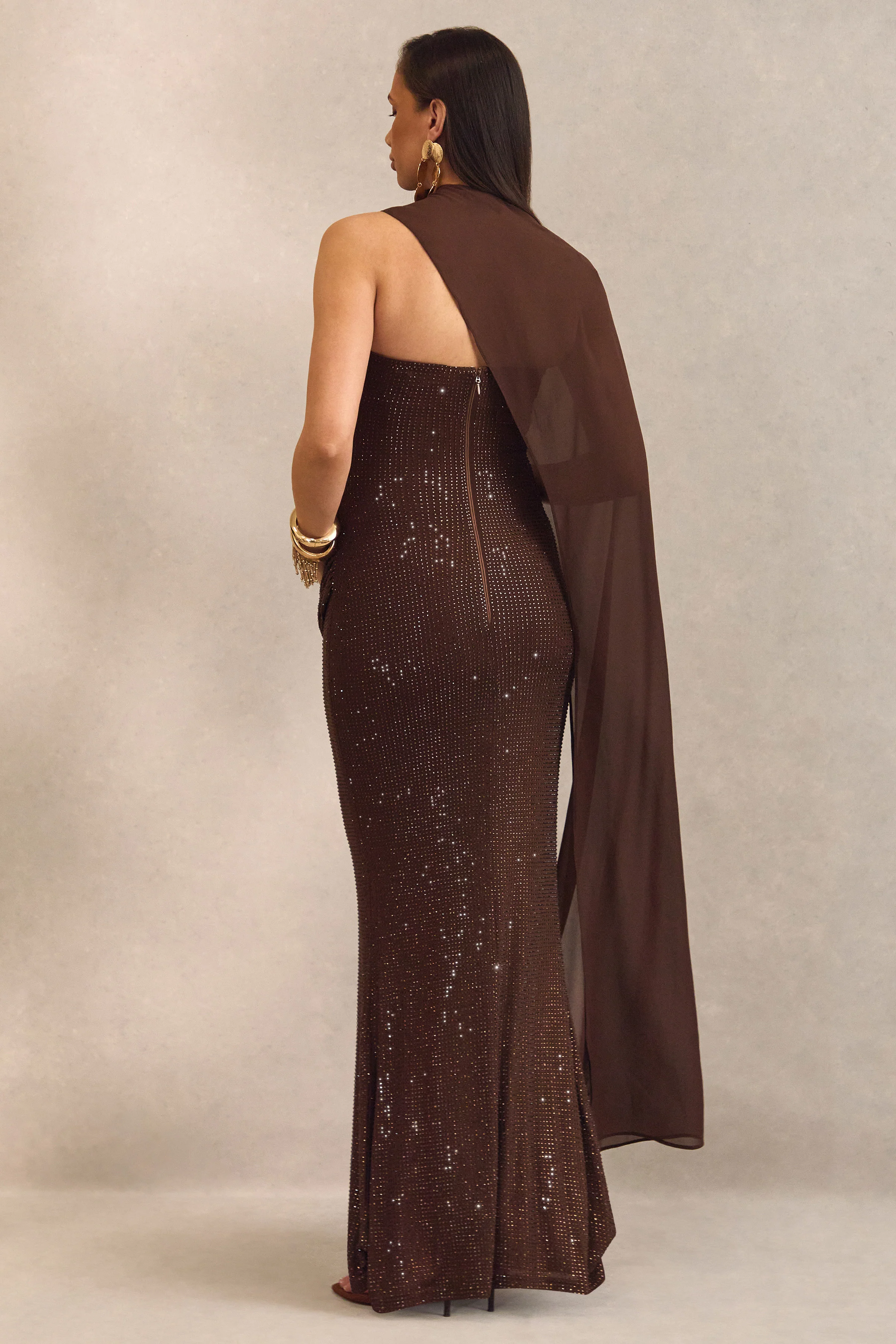 Ottoline | Dark Brown Hotfix Asymmetric-Neck Maternity Maxi Dress With Sheer Cape Detail - Image 2