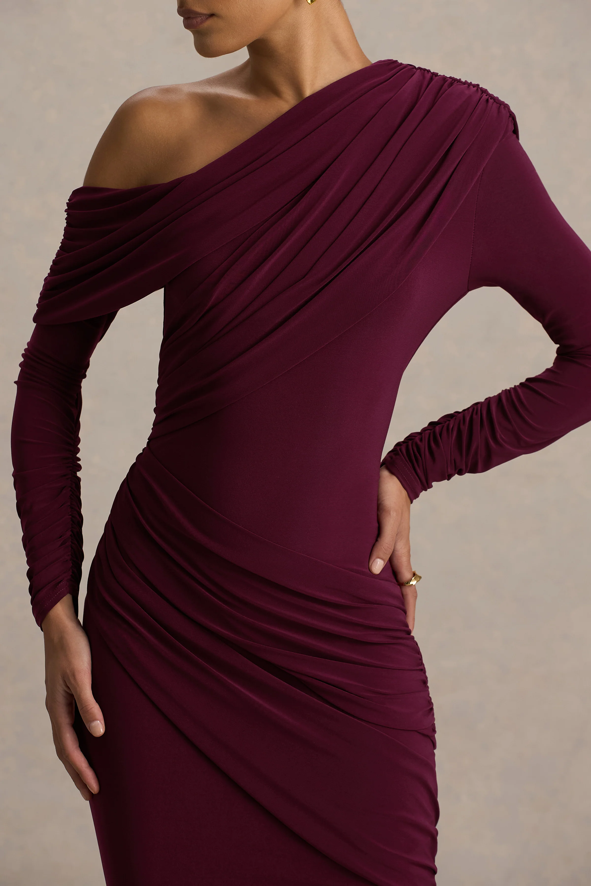 Perrie | Burgundy Asymmetric-Neck Maxi Dress With Ruched Detailing - Image 3