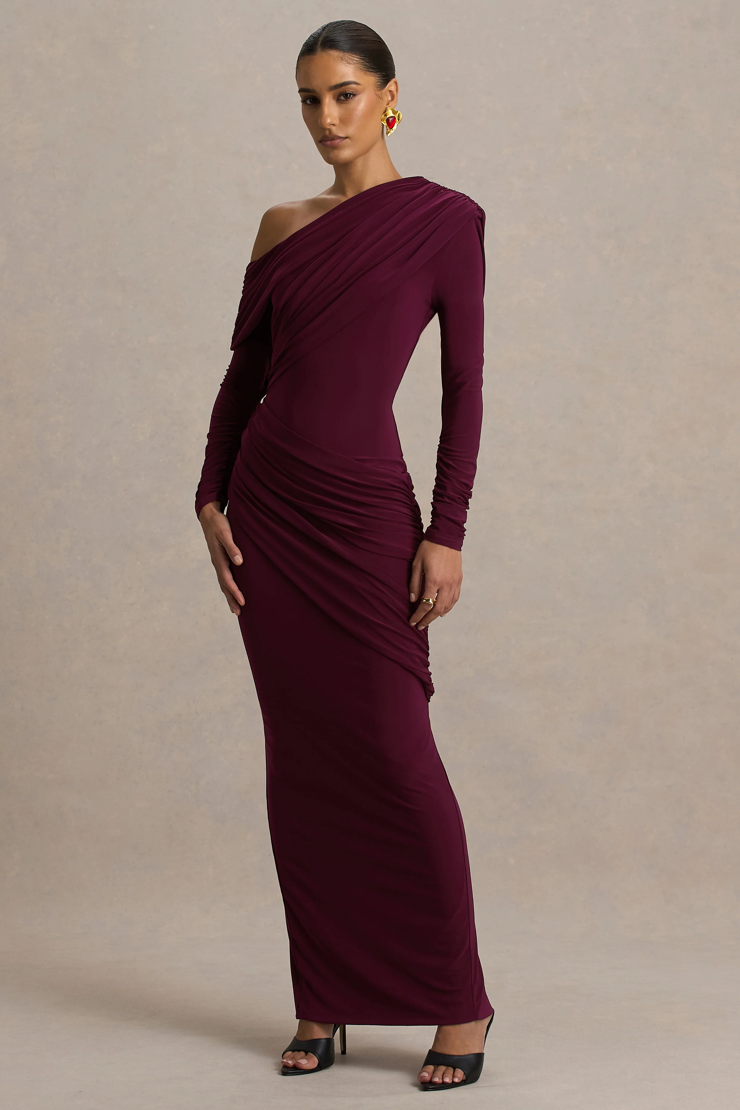 Perrie | Burgundy Asymmetric-Neck Maxi Dress With Ruched Detailing - Image 4