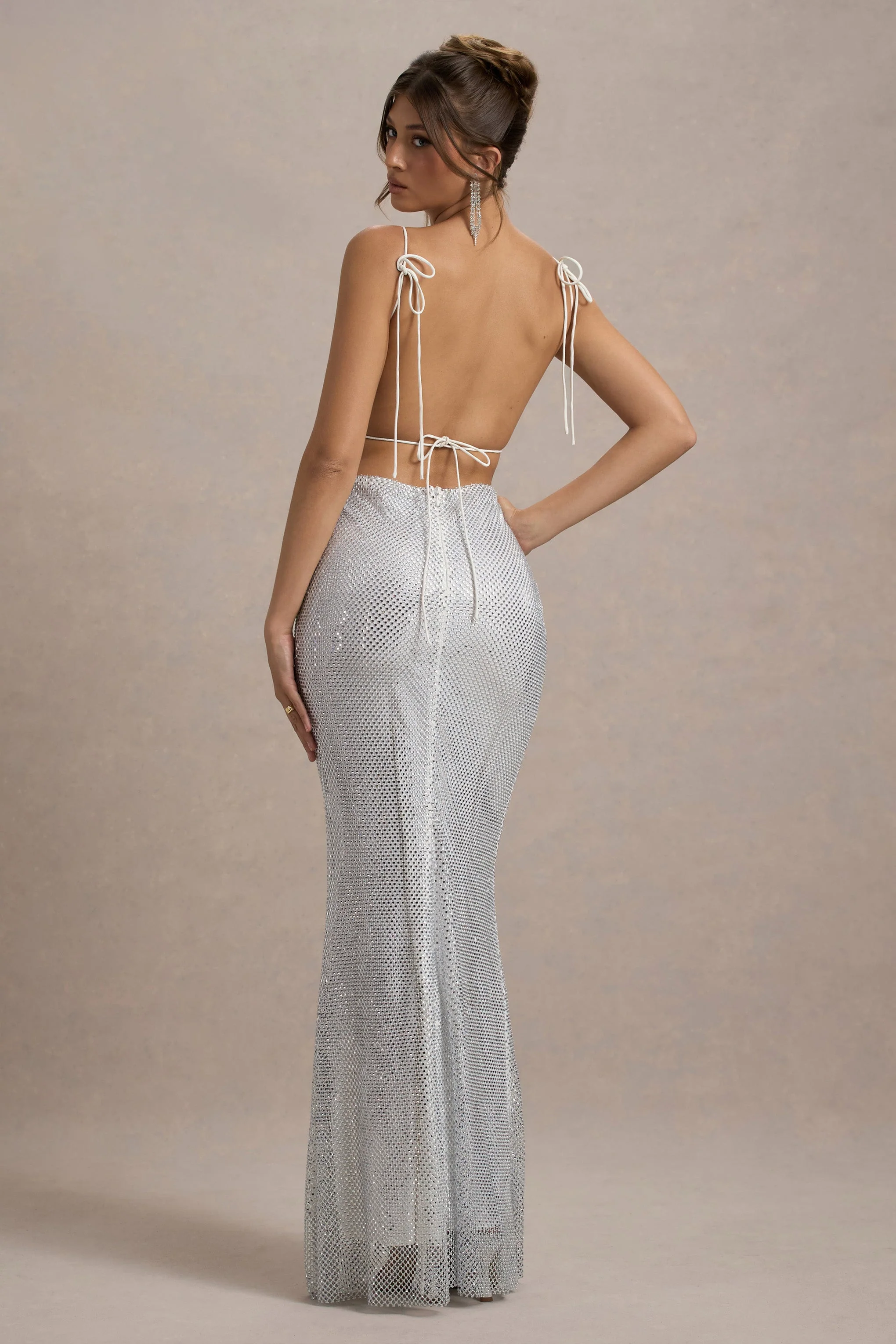 Quartz | Silver Hotfix Square-Neck Open-Back Maxi Dress