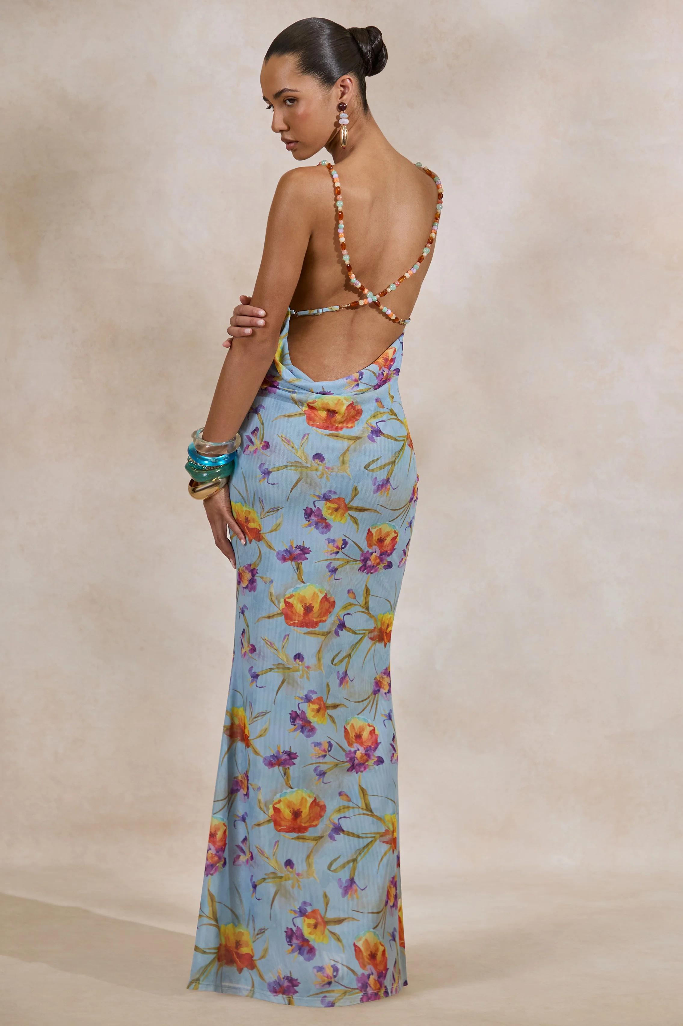 Raisa | Blue Floral Mesh Cowl-Neck Maxi Dress - Image 2