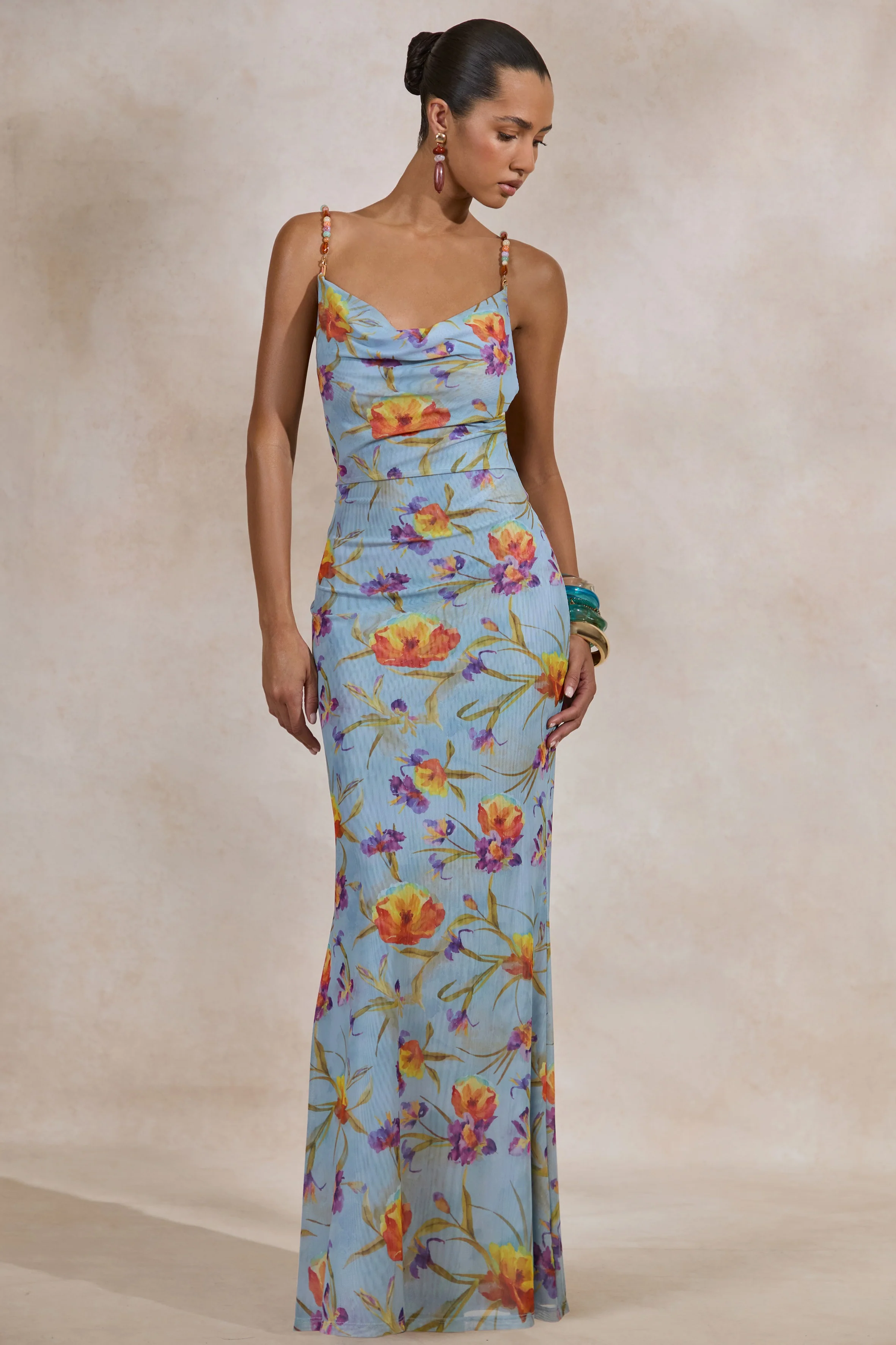 Raisa | Blue Floral Mesh Cowl-Neck Maxi Dress - Image 7