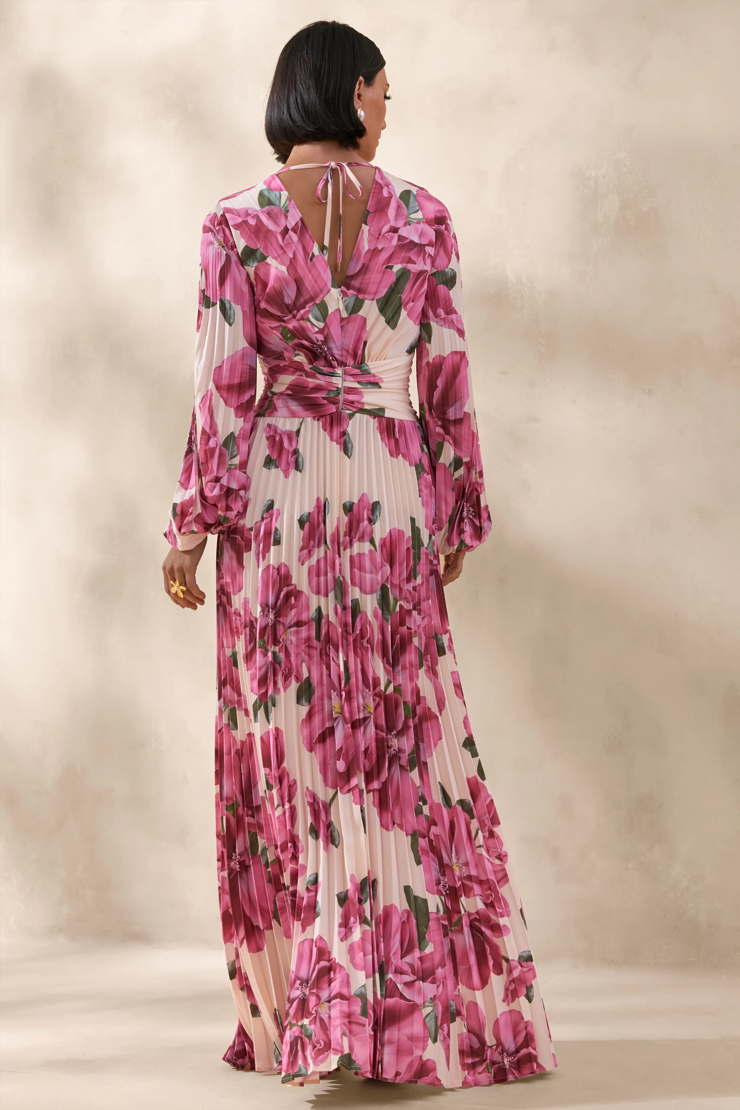 Rionna | Pink Hibiscus Floral Print High-Neck Maxi Dress With Cut-Out Detailing - Image 2