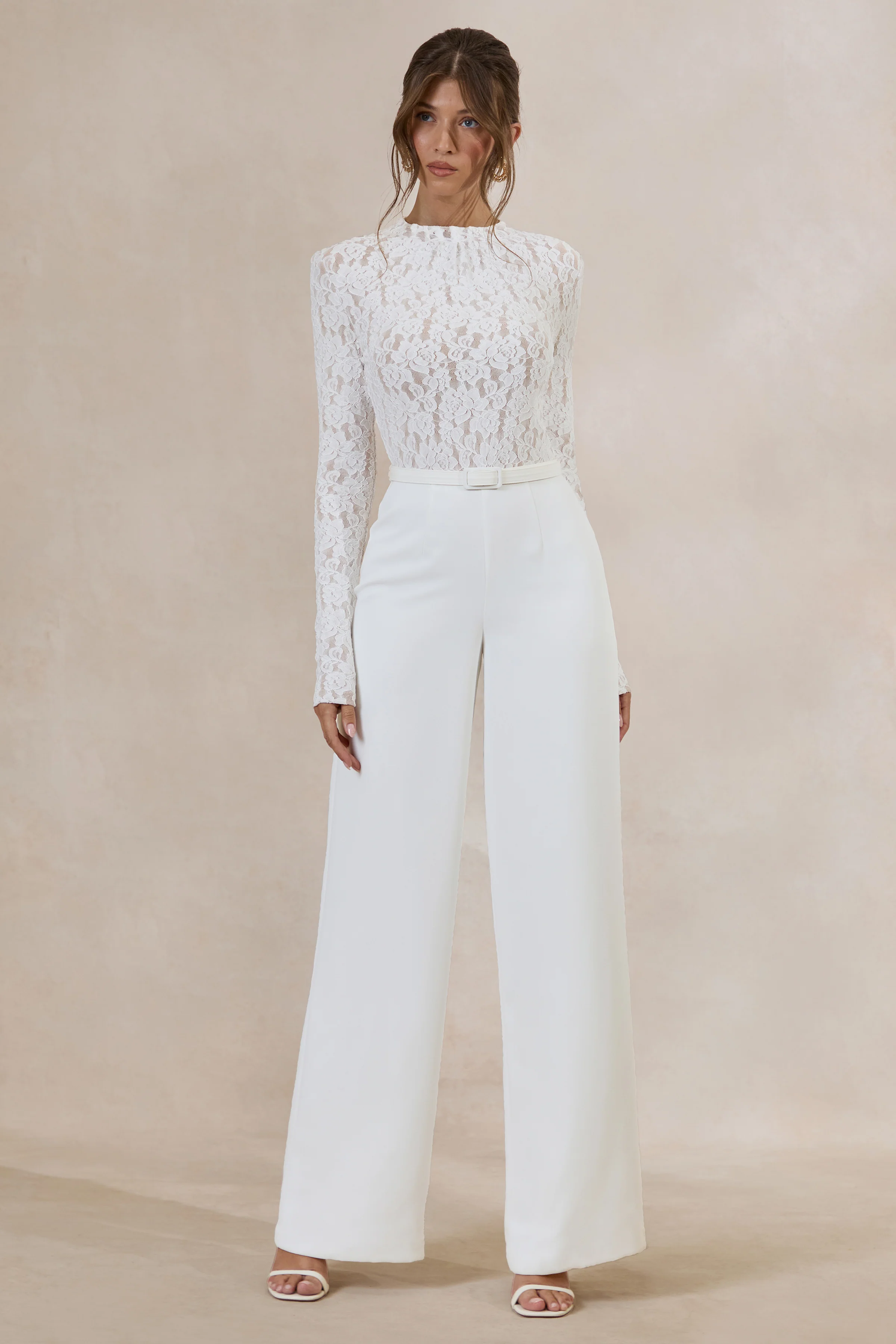 Romancea | White Lace High-Neck Jumpsuit With Belt Detail - Image 4