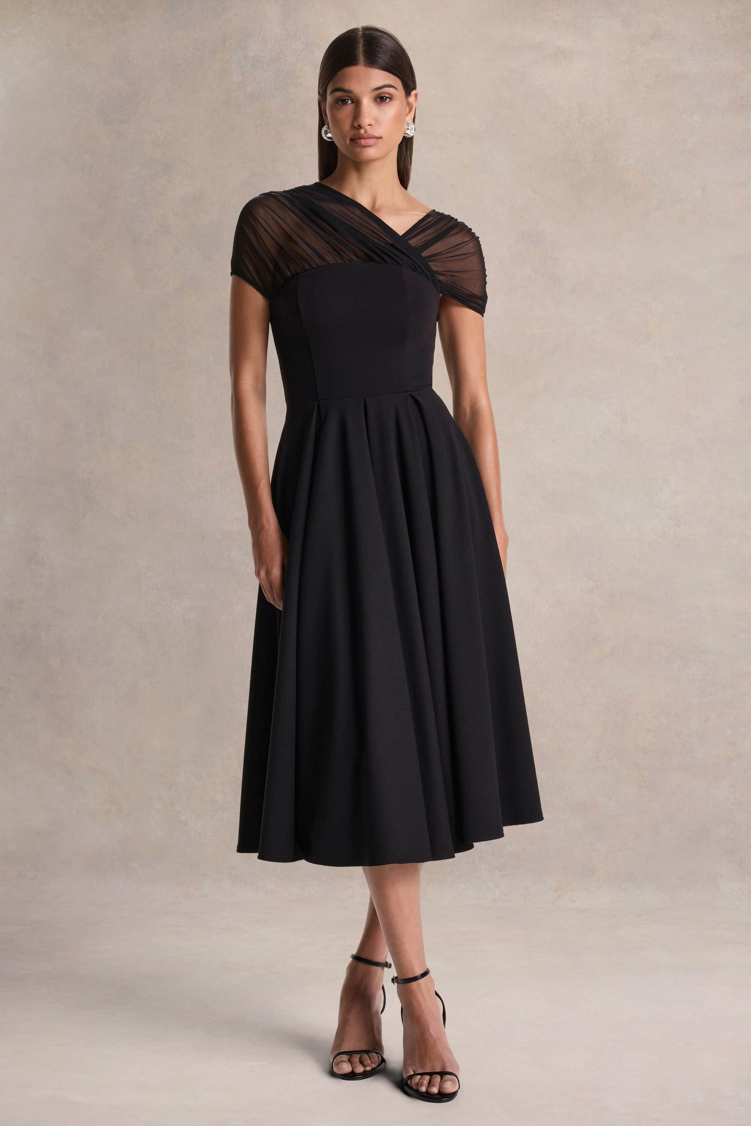 Rosette | Black Asymmetric-Neck Midi Dress
