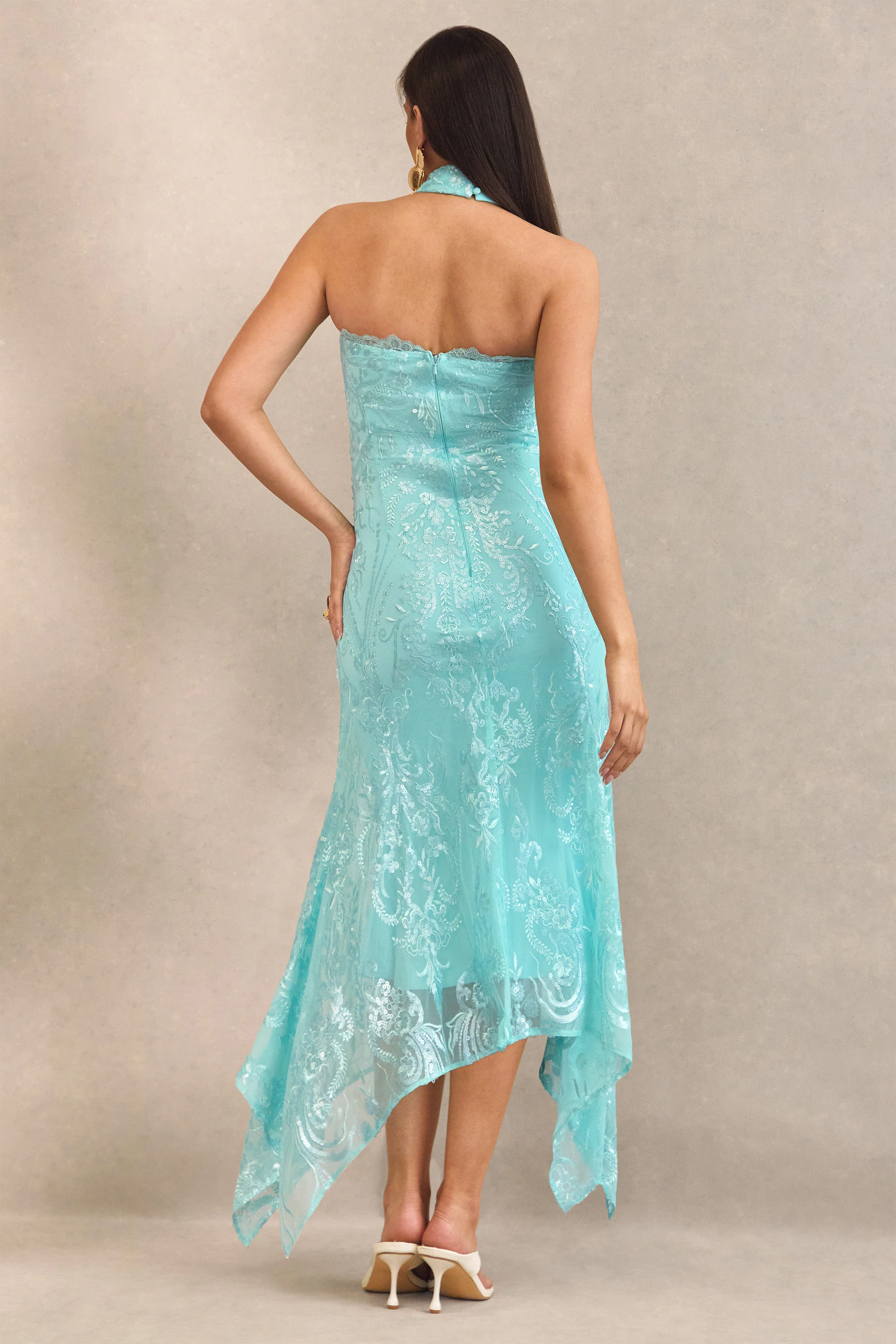 Sabriel | Turquoise Lace Bandeau-Neck Maternity Midi Dress With Collar Detail - Image 2