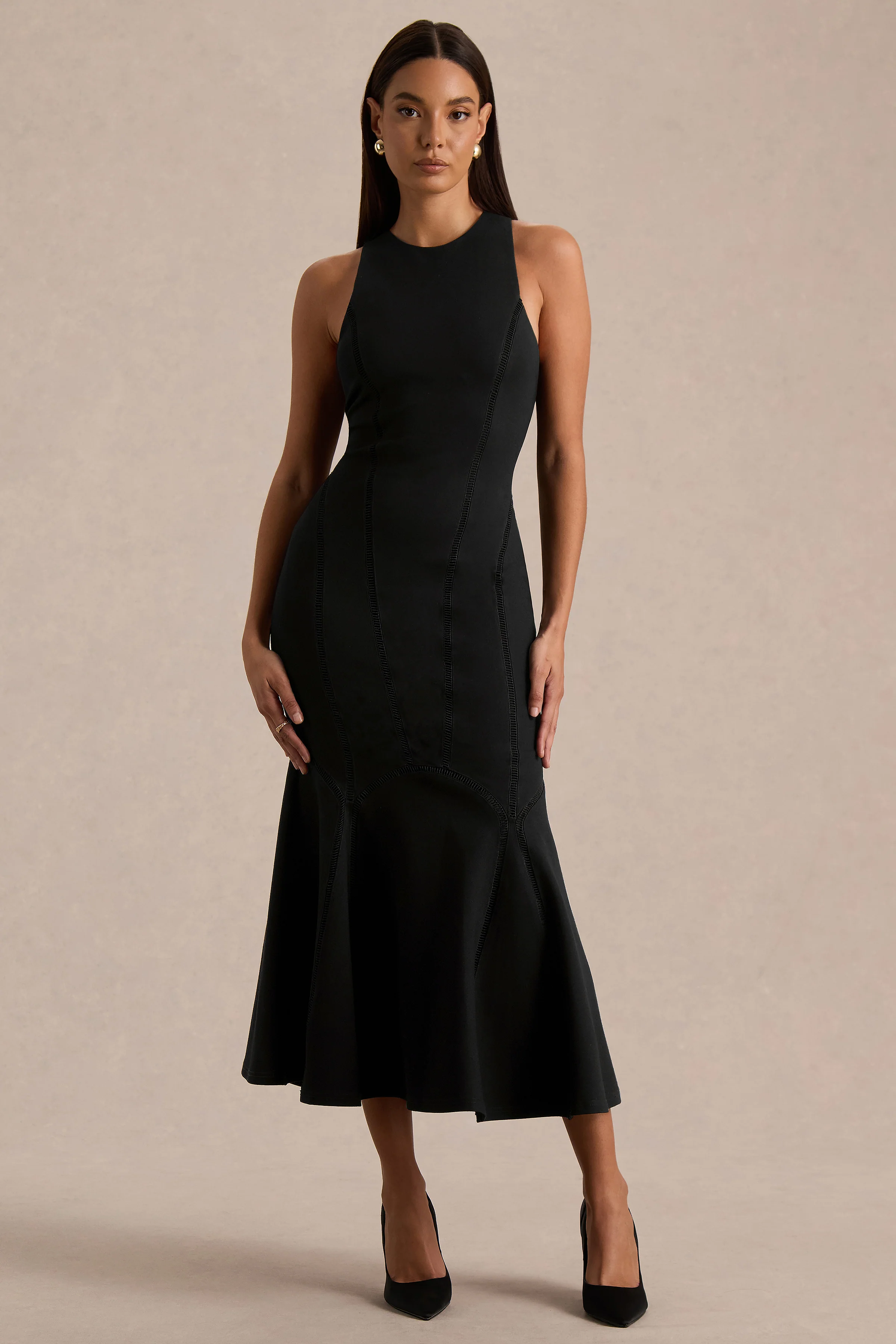 Sally | Black Crew-Neck Midi Dress With Drop Waist - Image 4