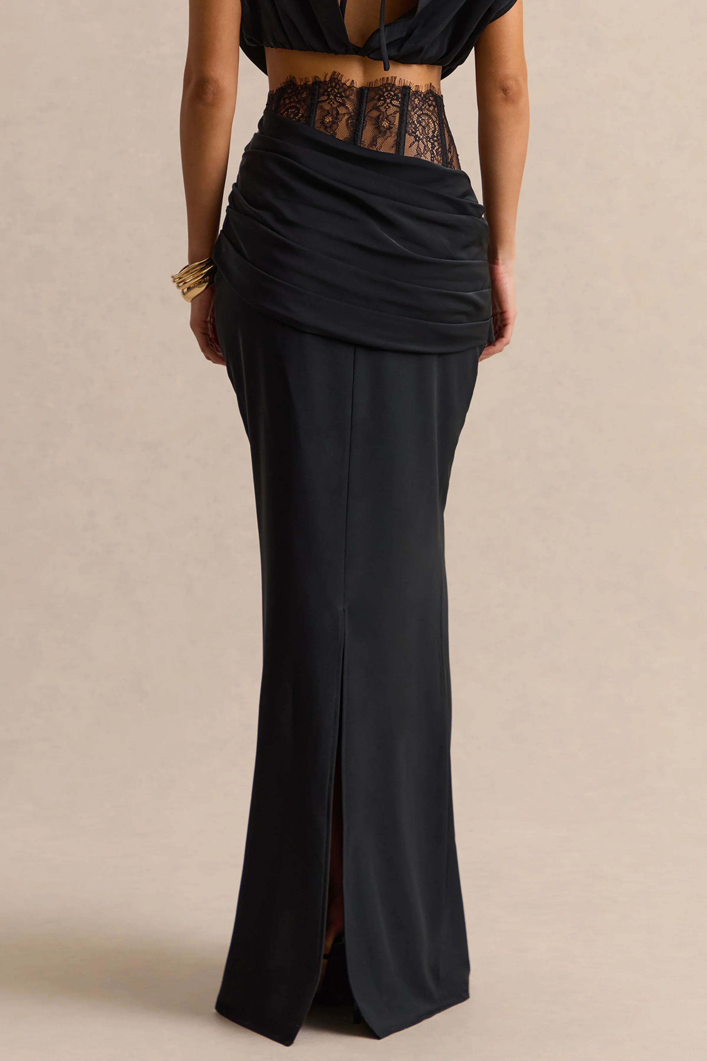 Silora | Black Satin Maxi Skirt With Lace-Detail - Image 3
