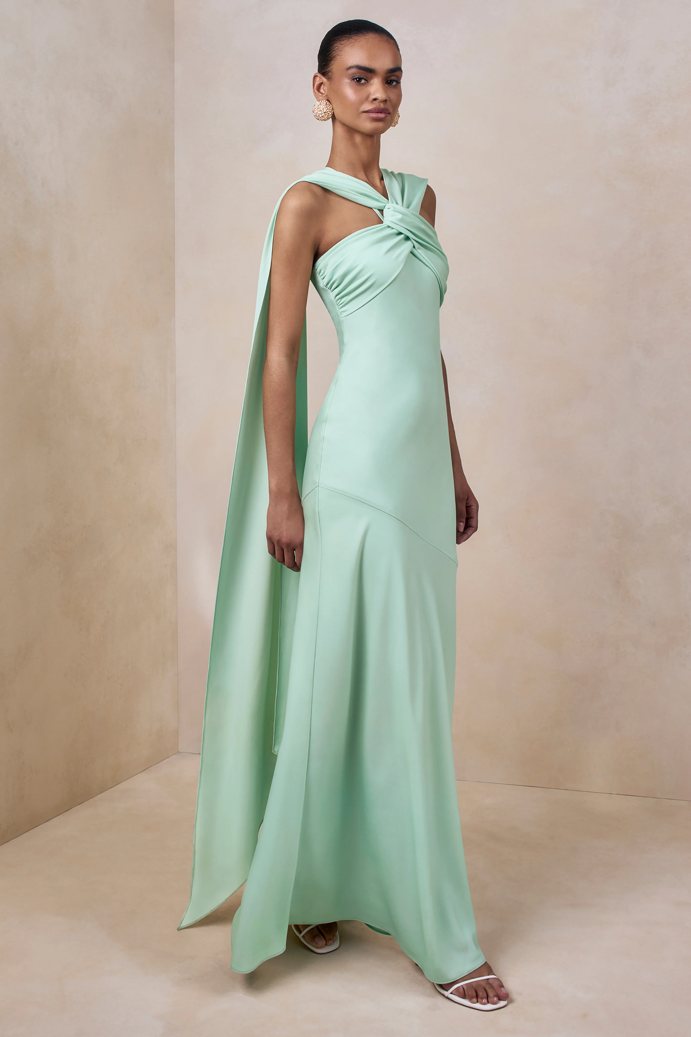 Sloane | Mint Matte Satin Halter-Neck Maxi Dress With Cape - Image 5