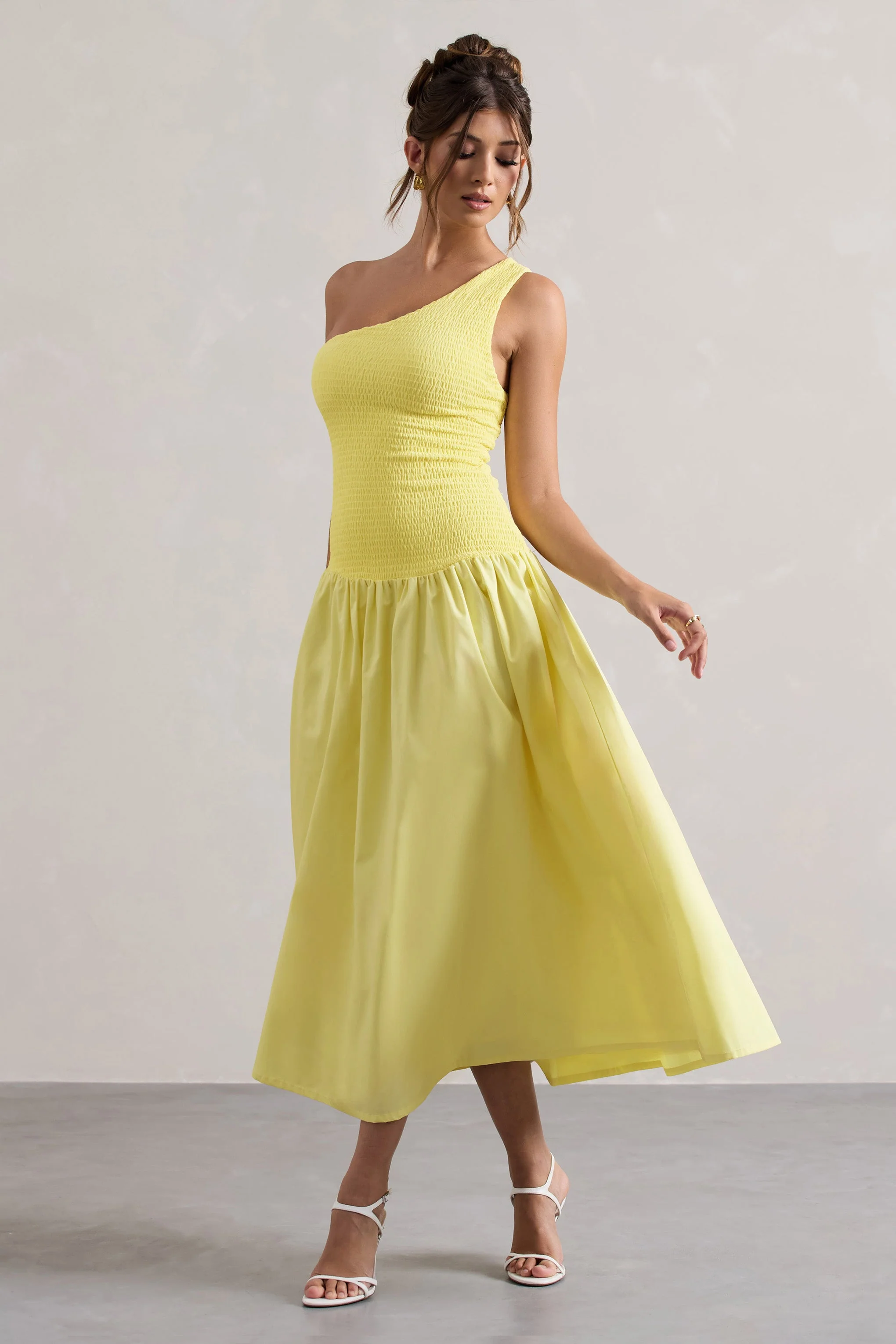 Sorbet | Lemon Poplin One Shoulder Pleated Maxi Dress - Image 5