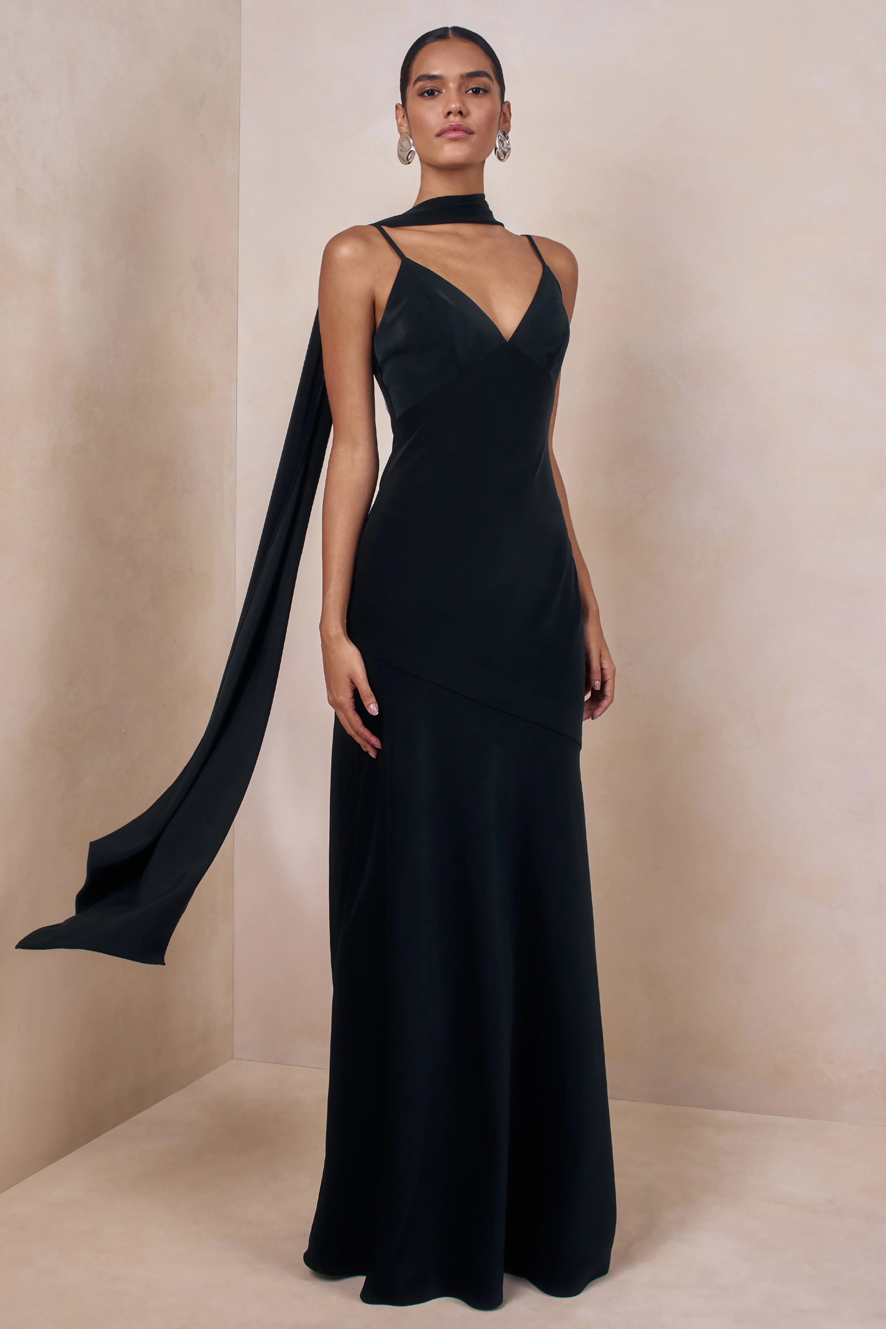 Starling | Black Matte Satin Plunge-Neck Maxi Dress With Scarf-Detail - Image 5