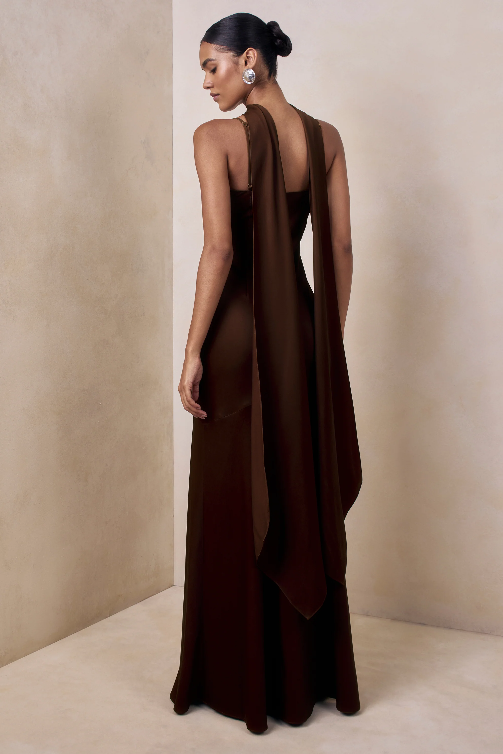 Starling | Brown Matte Satin Plunge-Neck Maxi Dress With Scarf-Detail - Image 2