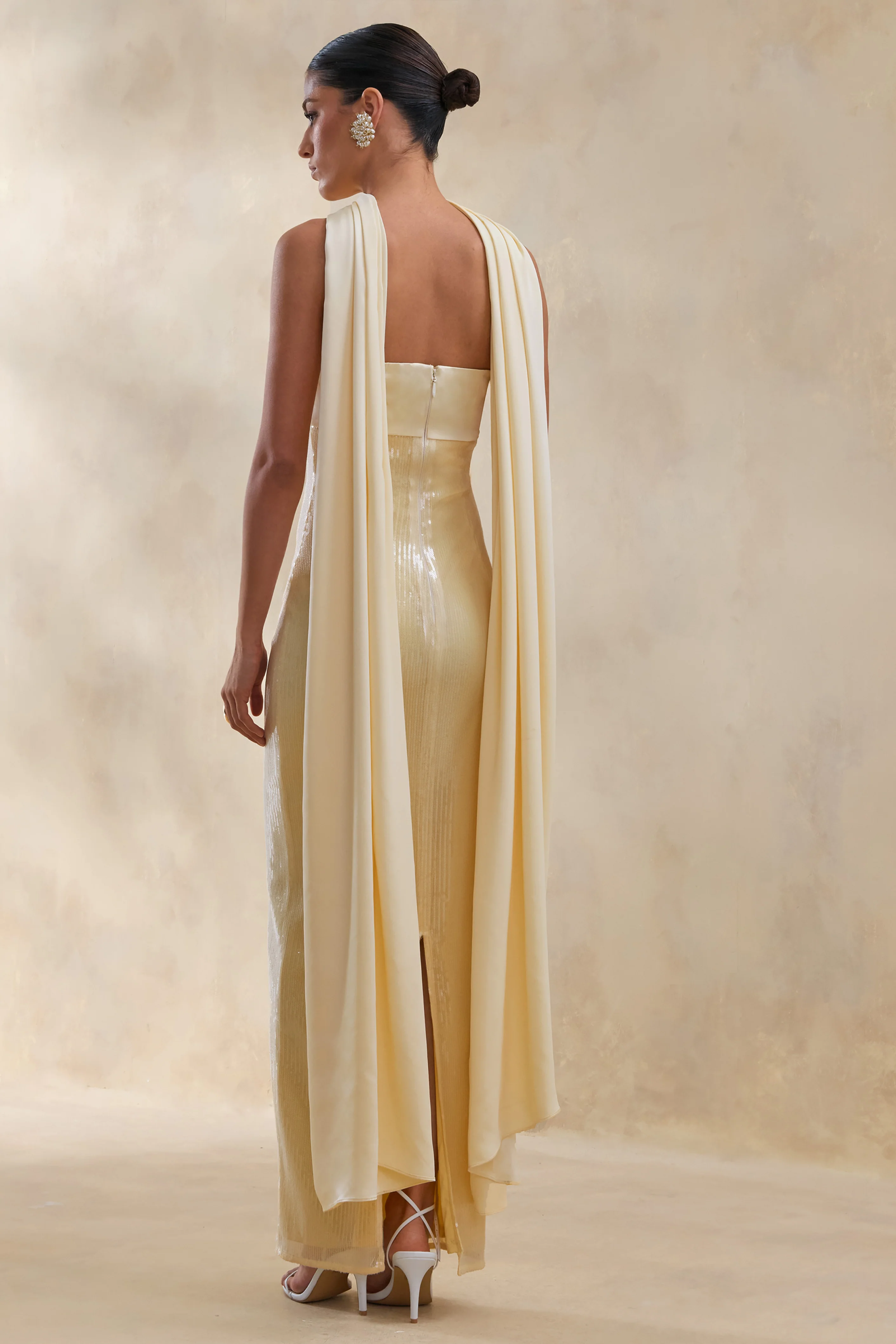 Stephanie | Lemon Sequin Bandeau Maxi Dress With Scarf - Image 2