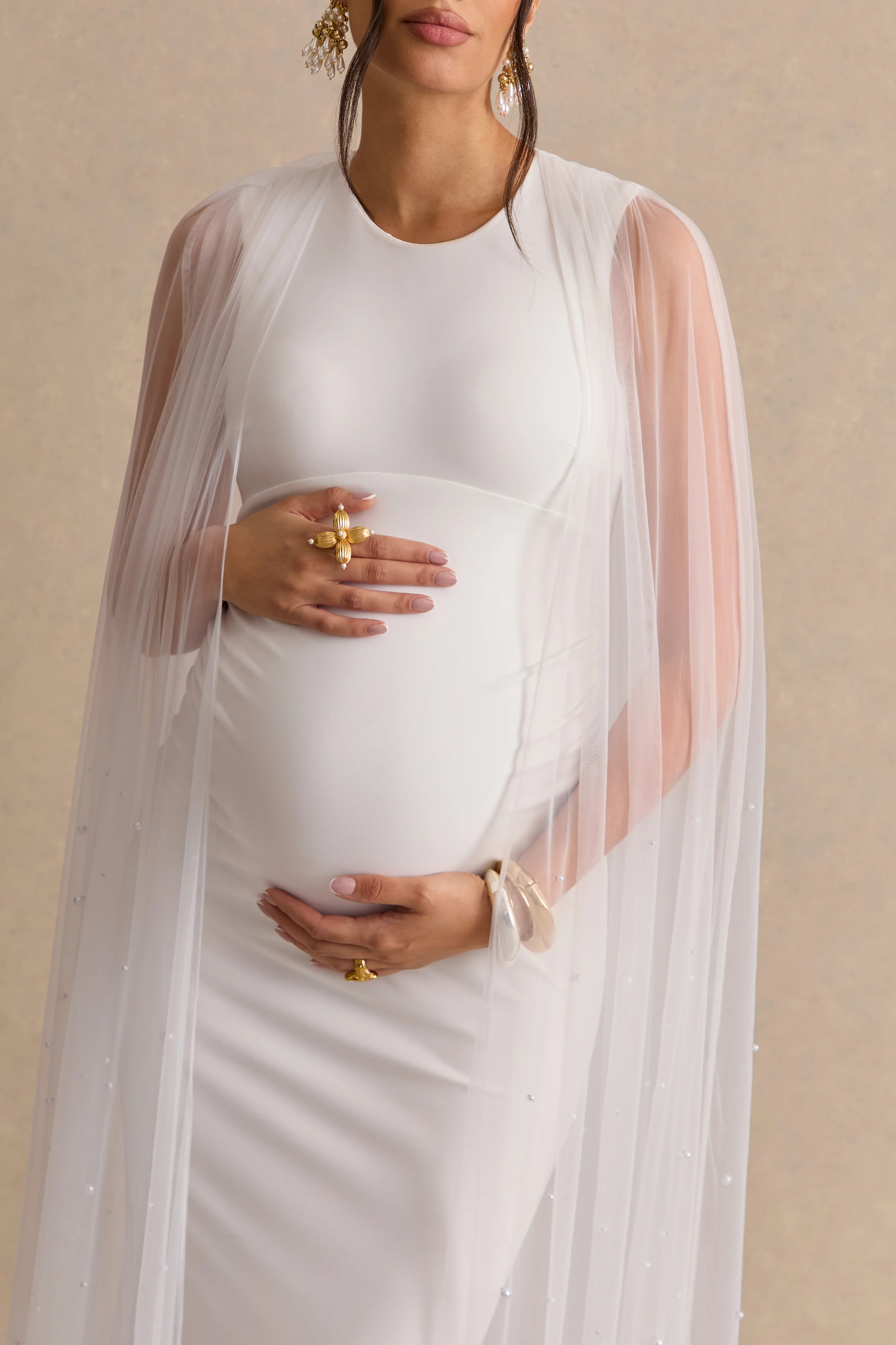 Tereza | White Round-Neck Maternity Maxi Dress With Sheer Cape - Image 3