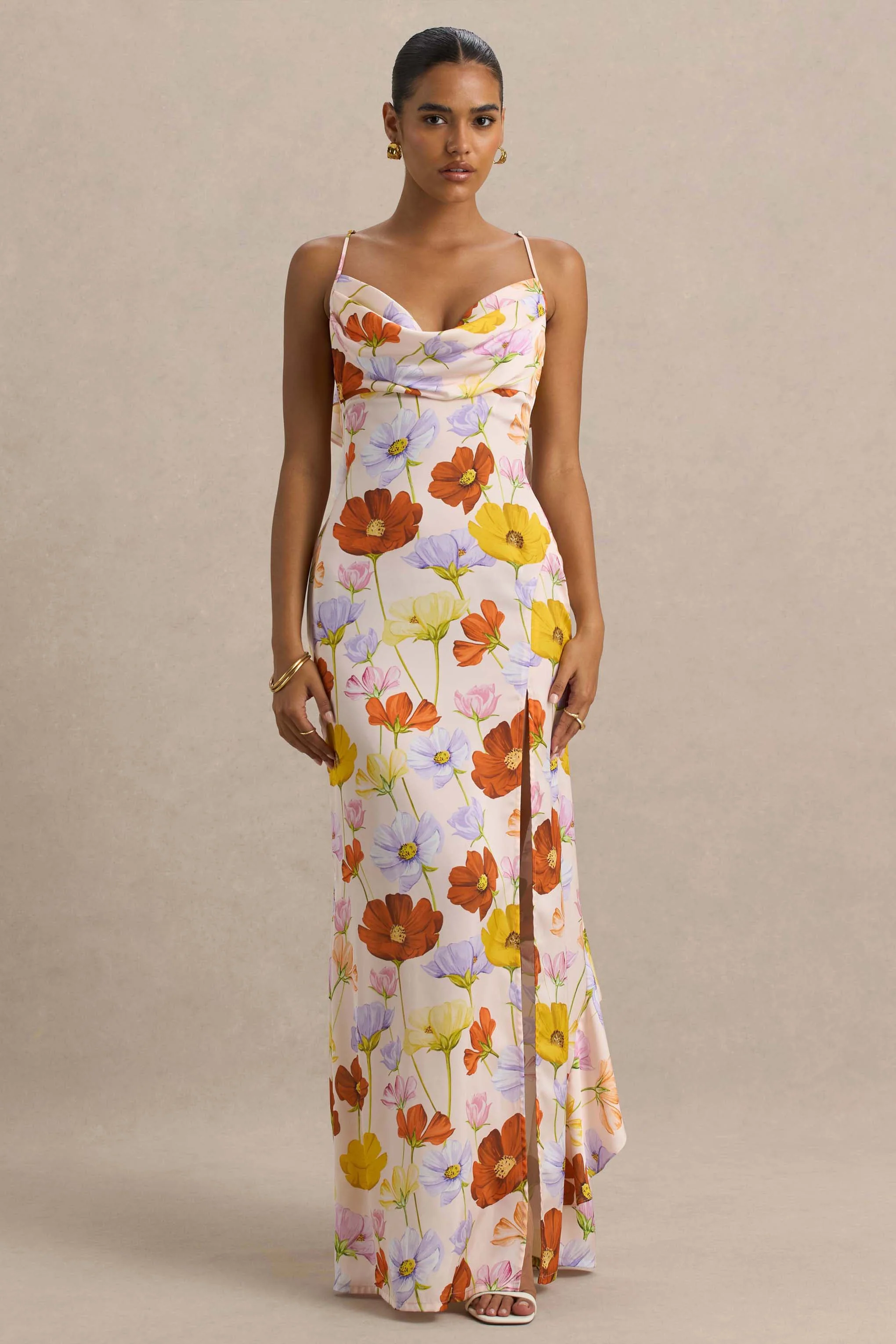 Thames | Bright Floral Print Satin Cowl-Neck Maxi Dress - Image 3