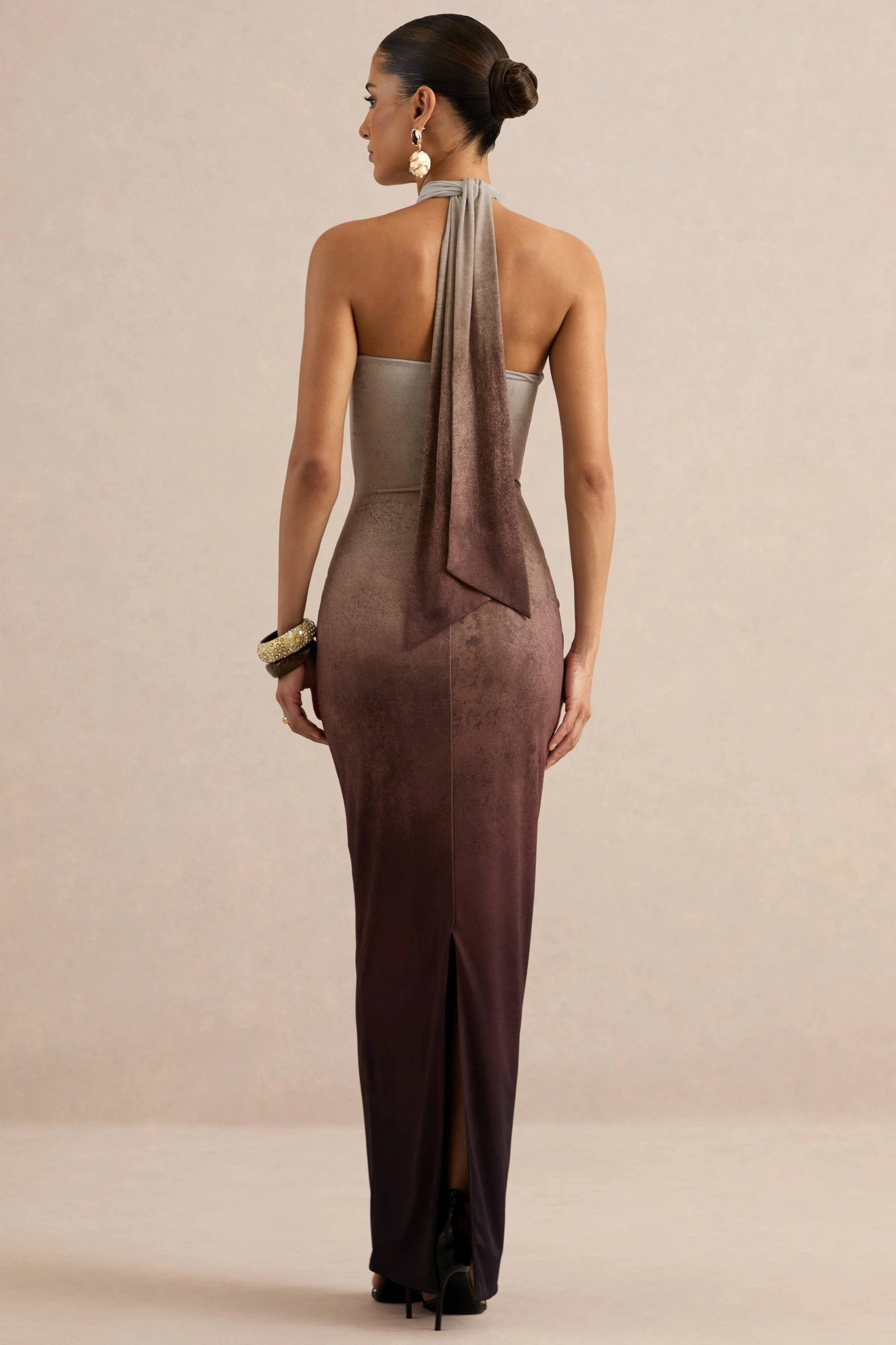 Thera | Brown Ombre Halter-Neck Maxi Dress With Gold Detail - Image 2