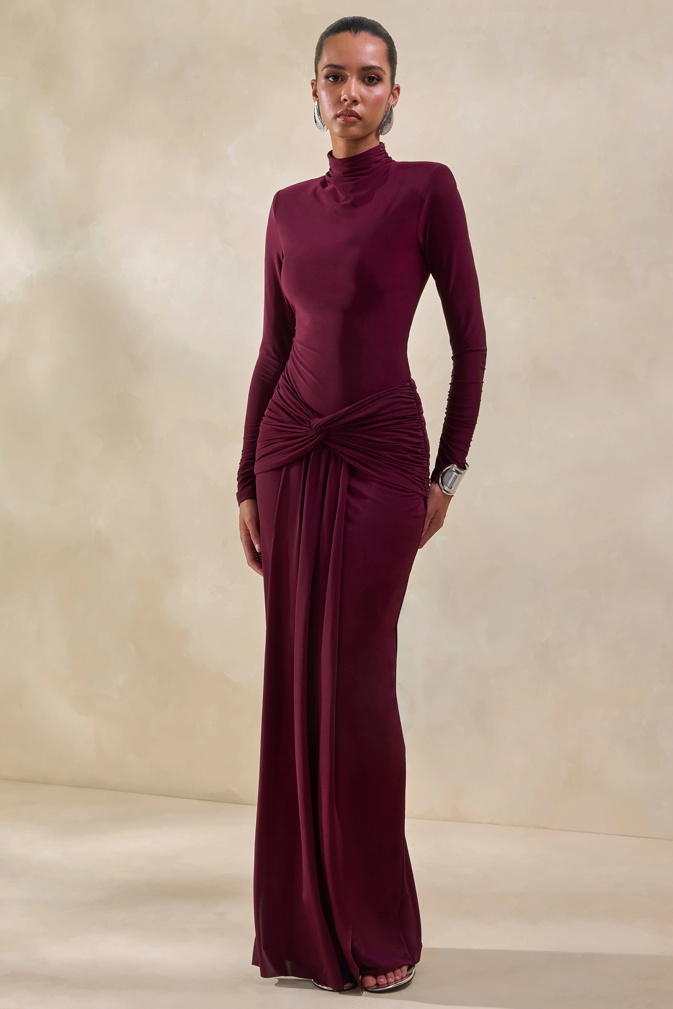 Theria | Burgundy Maxi Skirt With Gathering And Knot Detail - Image 5