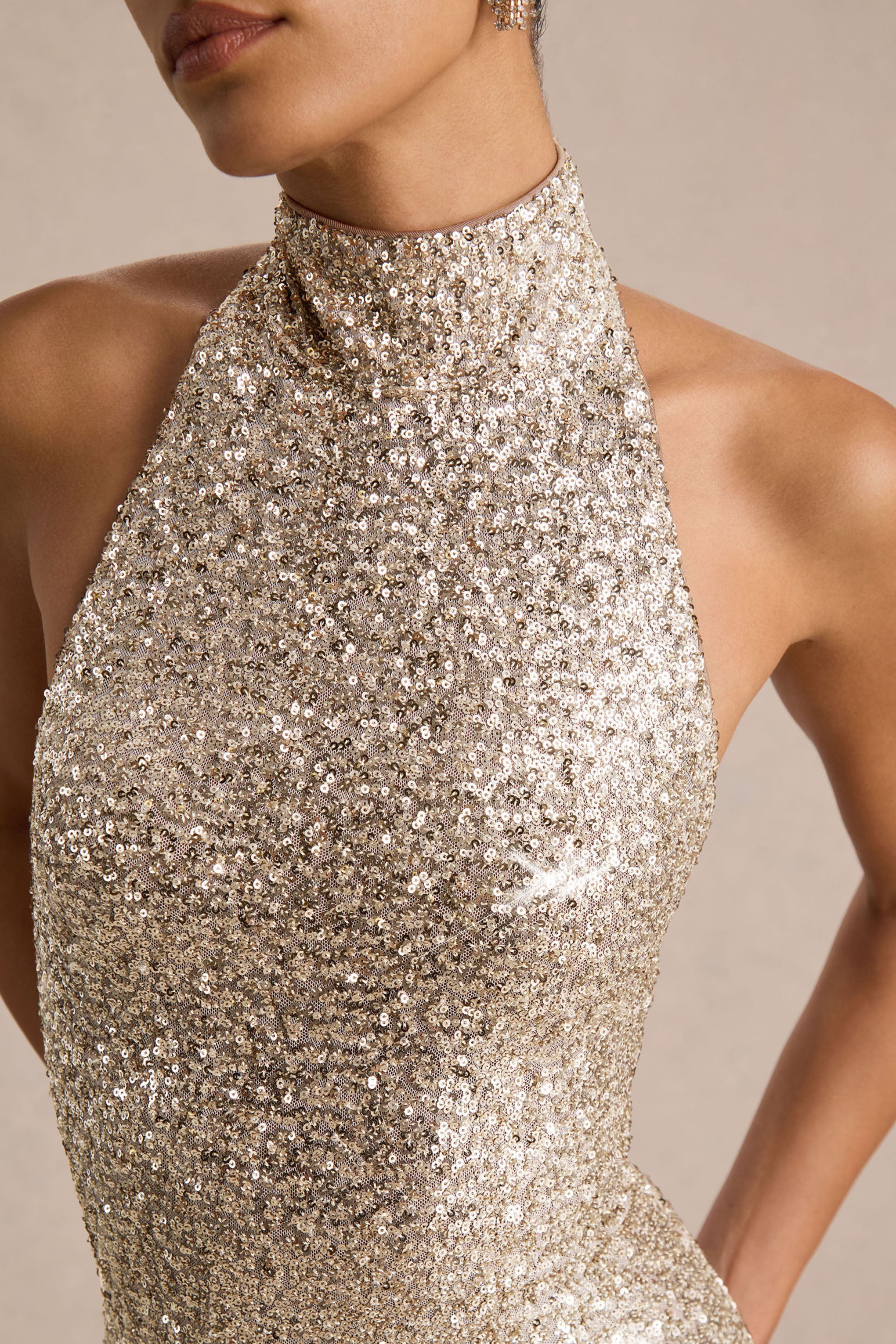 Tulia | Gold Sequin High-Neck Maxi Dress - Image 3