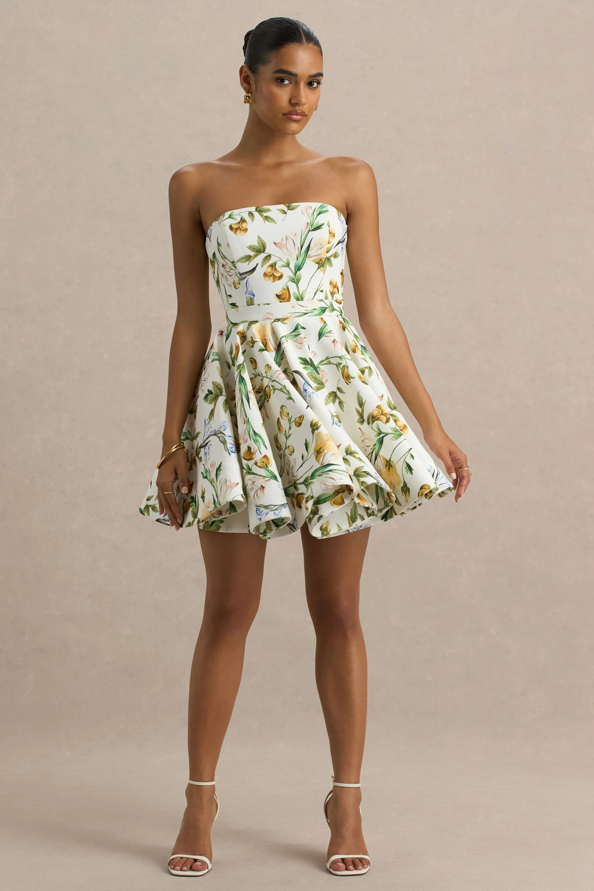 Valerian | Lemon Floral Print Bandeau Mini Dress With Ruffle Hem - Image 4