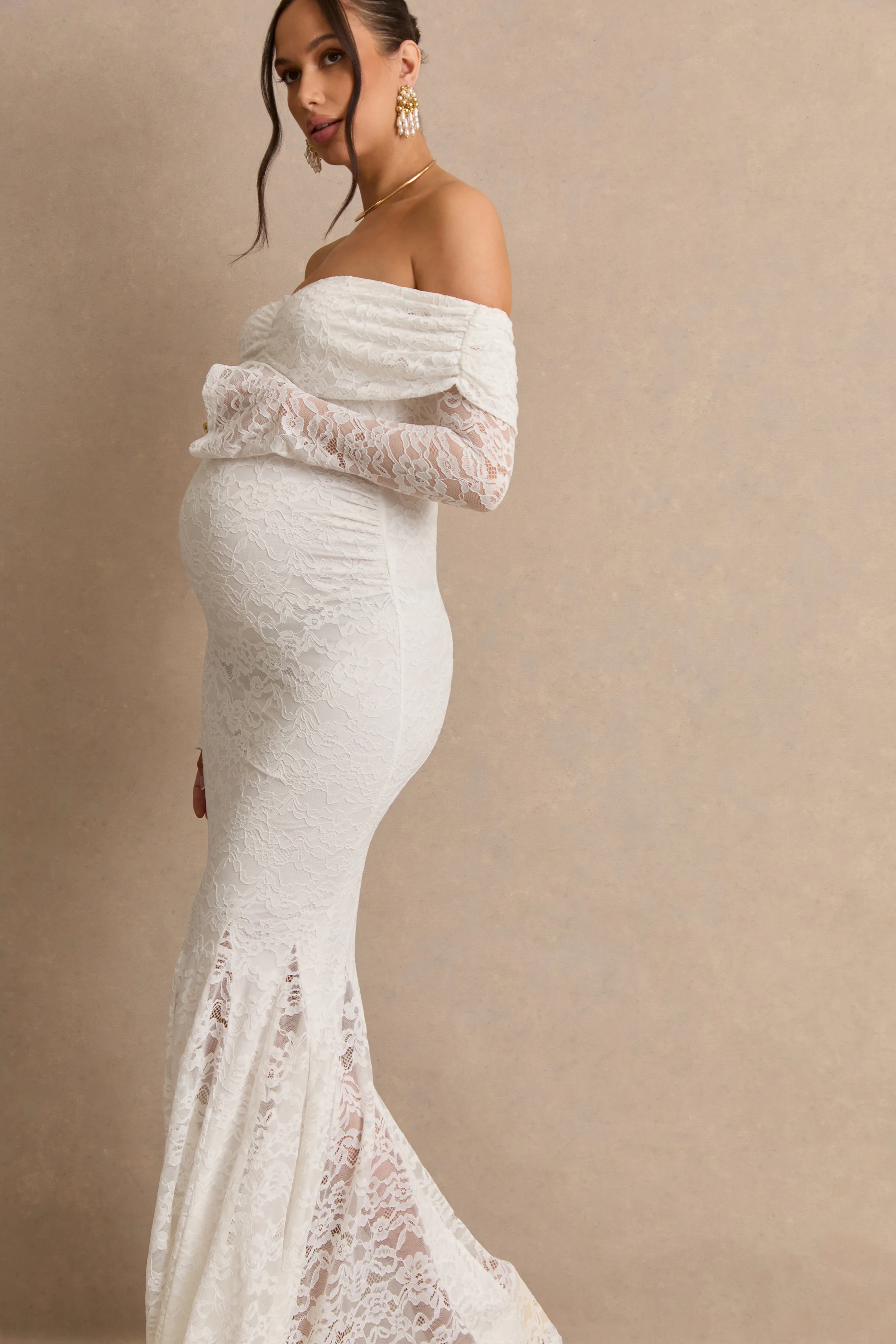 Valleria | White Lace Bardot-Neck Maternity Maxi Dress - Image 6