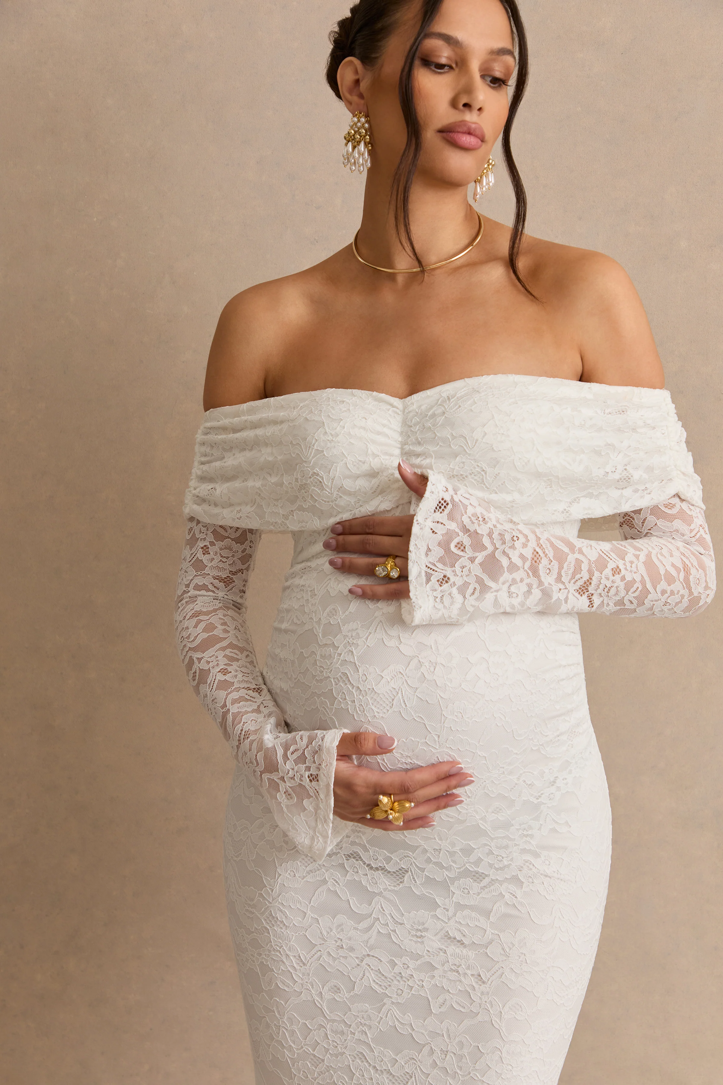 Valleria | White Lace Bardot-Neck Maternity Maxi Dress - Image 7