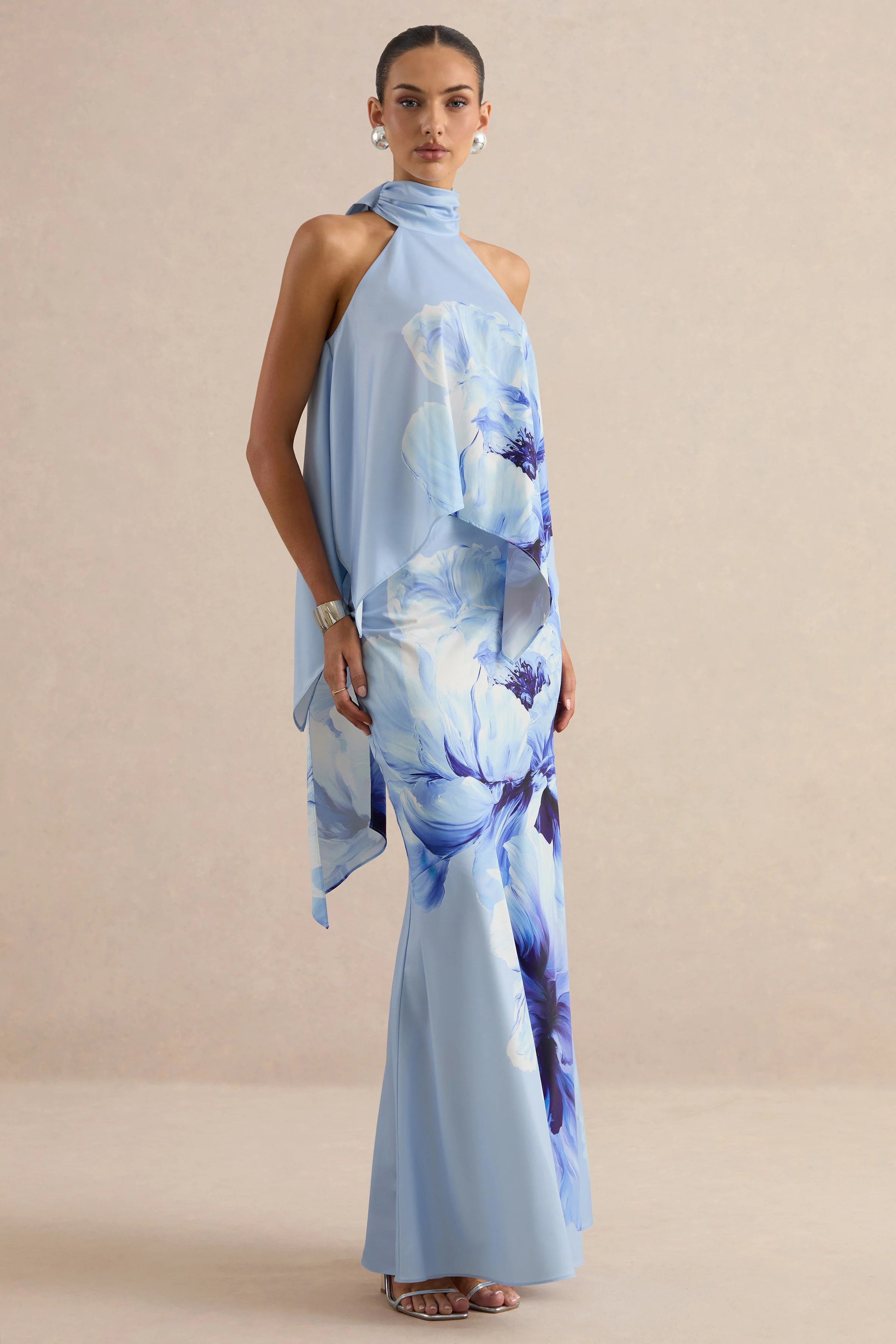 Vayla | Blue Floral Print Matte Satin Asymmetric Drop-Waist Maxi Skirt - Image 2