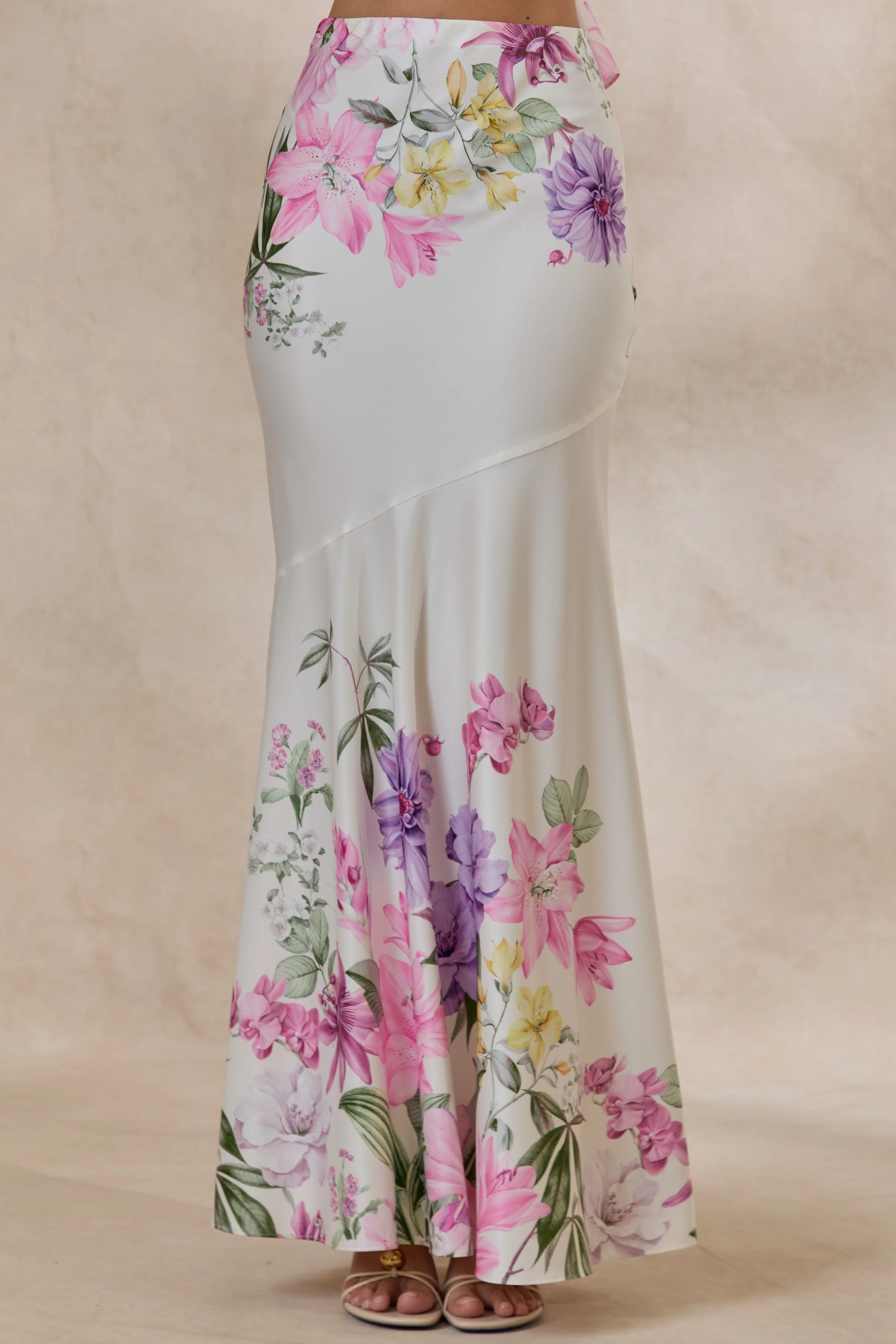Vayla | Cream Floral Print Matte Satin Asymmetric Drop-Waist Maxi Skirt - Image 2