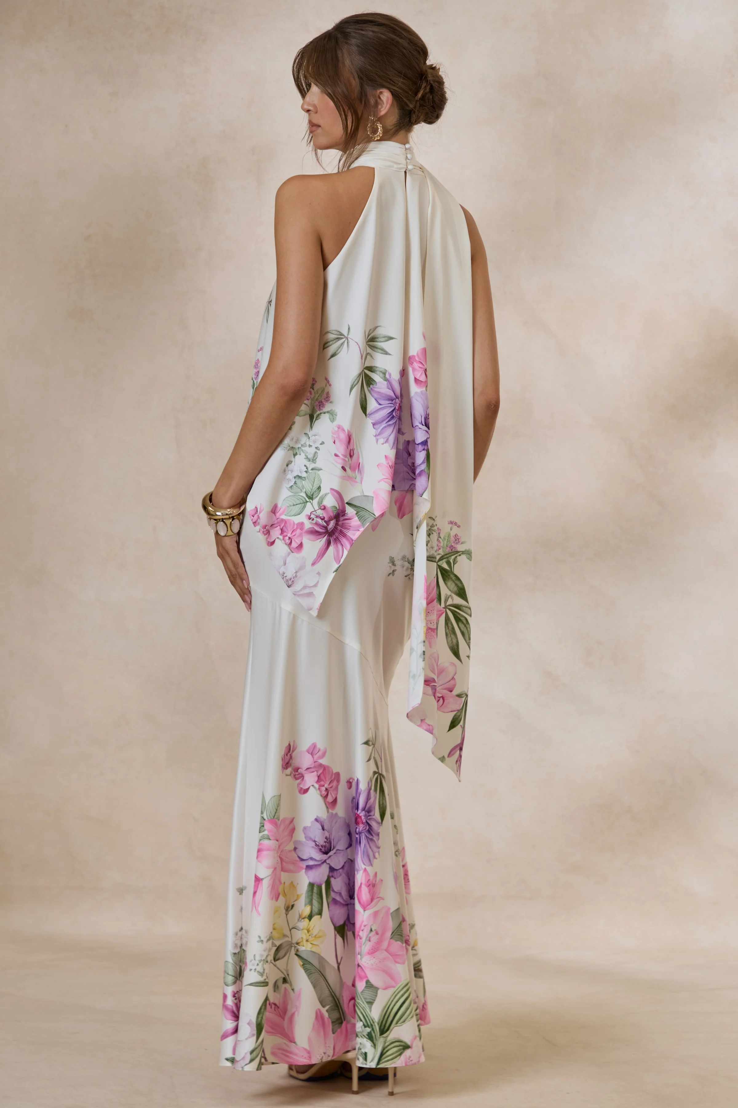 Vayla | Cream Floral Print Matte Satin Asymmetric Drop-Waist Maxi Skirt - Image 3