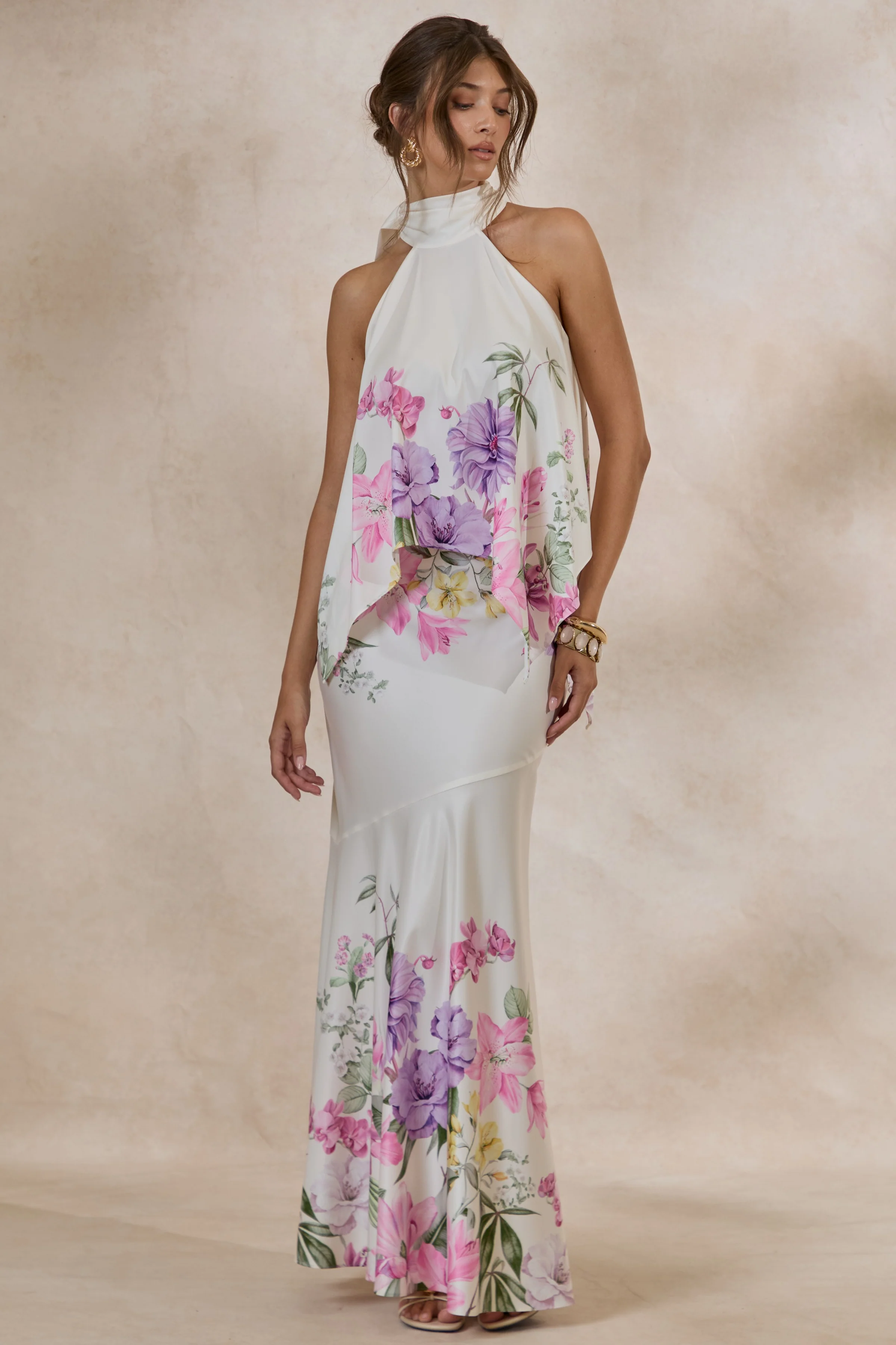 Vayla | Cream Floral Print Matte Satin Asymmetric Drop-Waist Maxi Skirt - Image 5