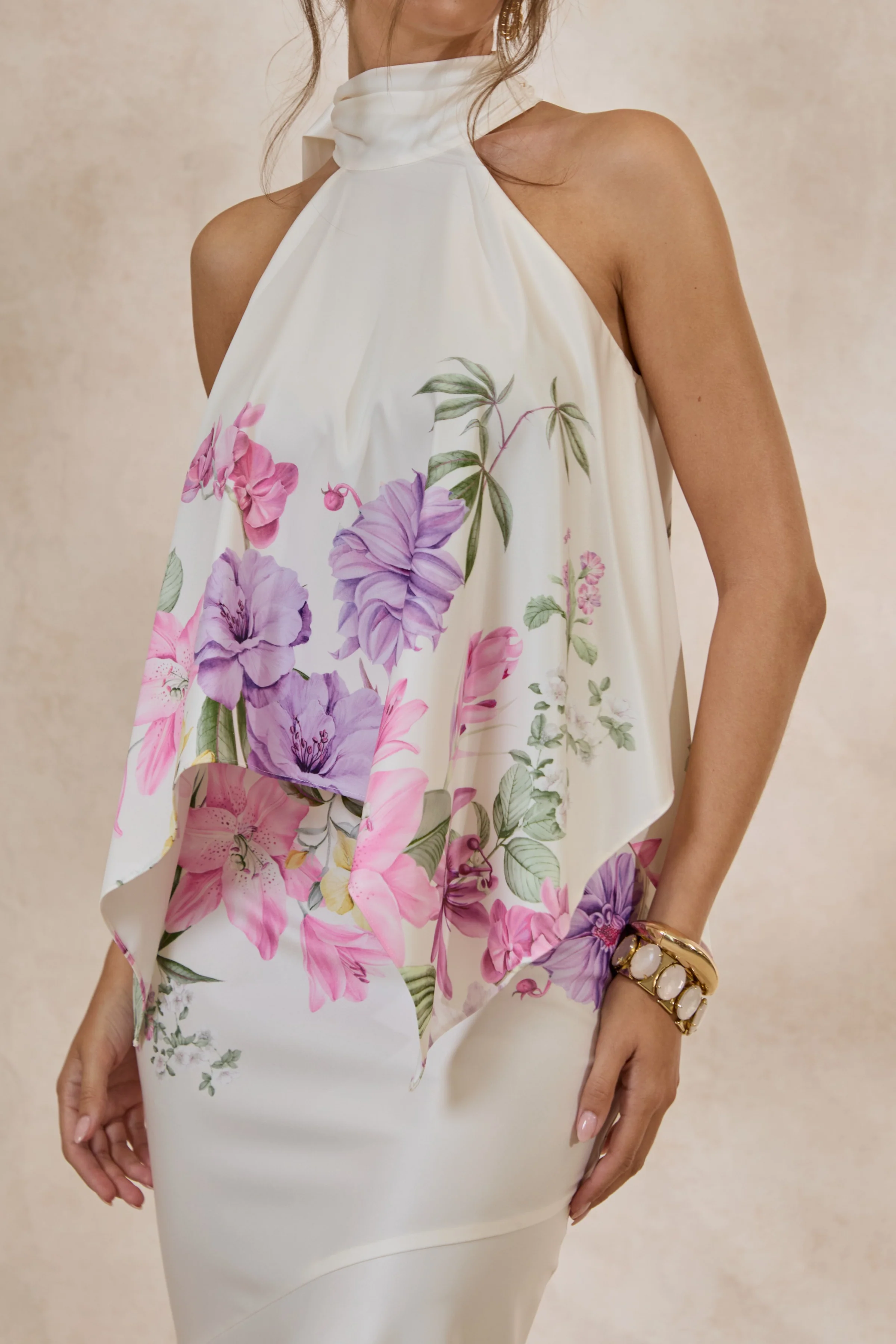 Vayla | Cream Floral Print Matte Satin Asymmetric Drop-Waist Maxi Skirt - Image 6