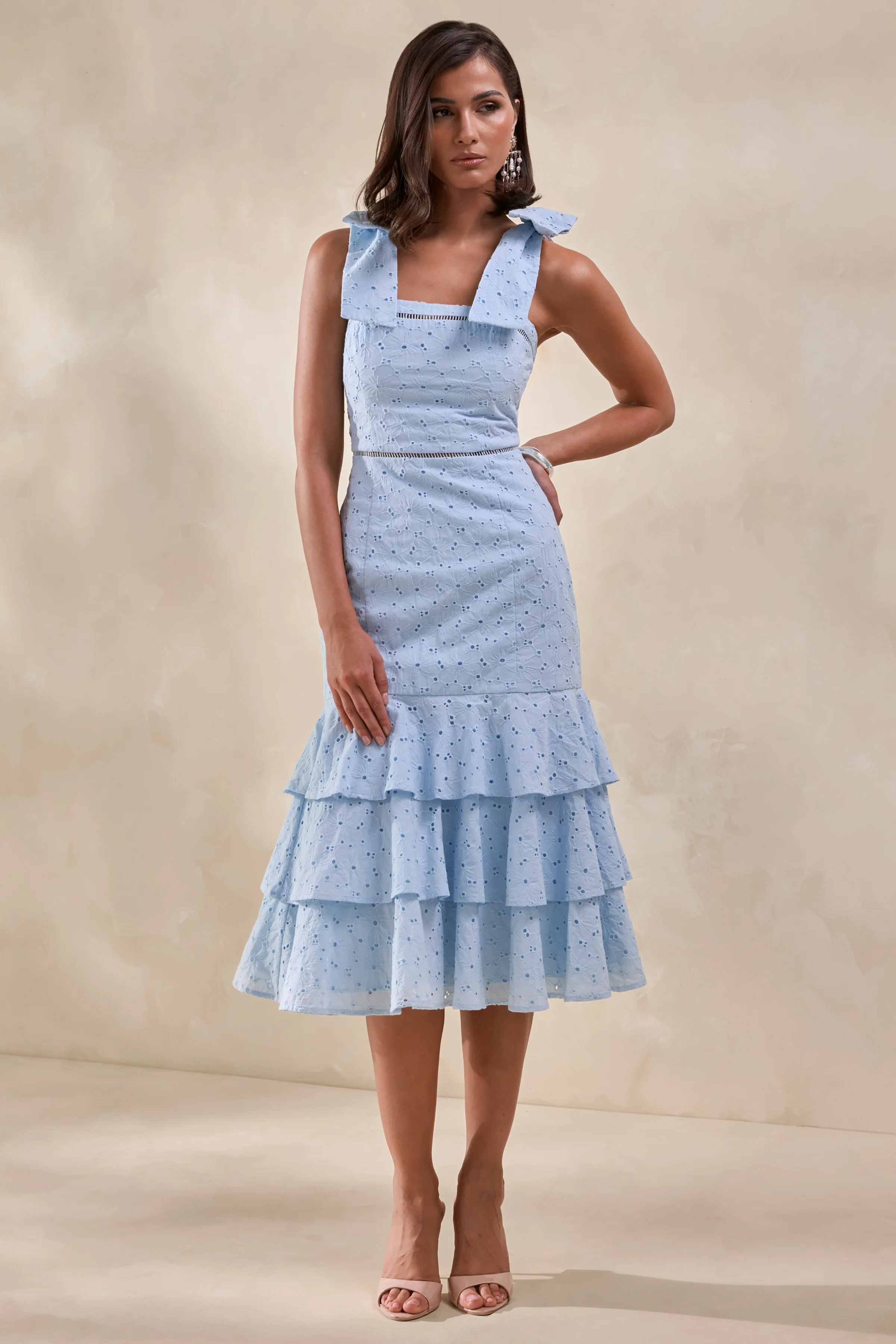 Velissia | Blue Broderie Square-Neck Midi Dress With Bow-Sleeves And Ruffled-Hem - Image 2
