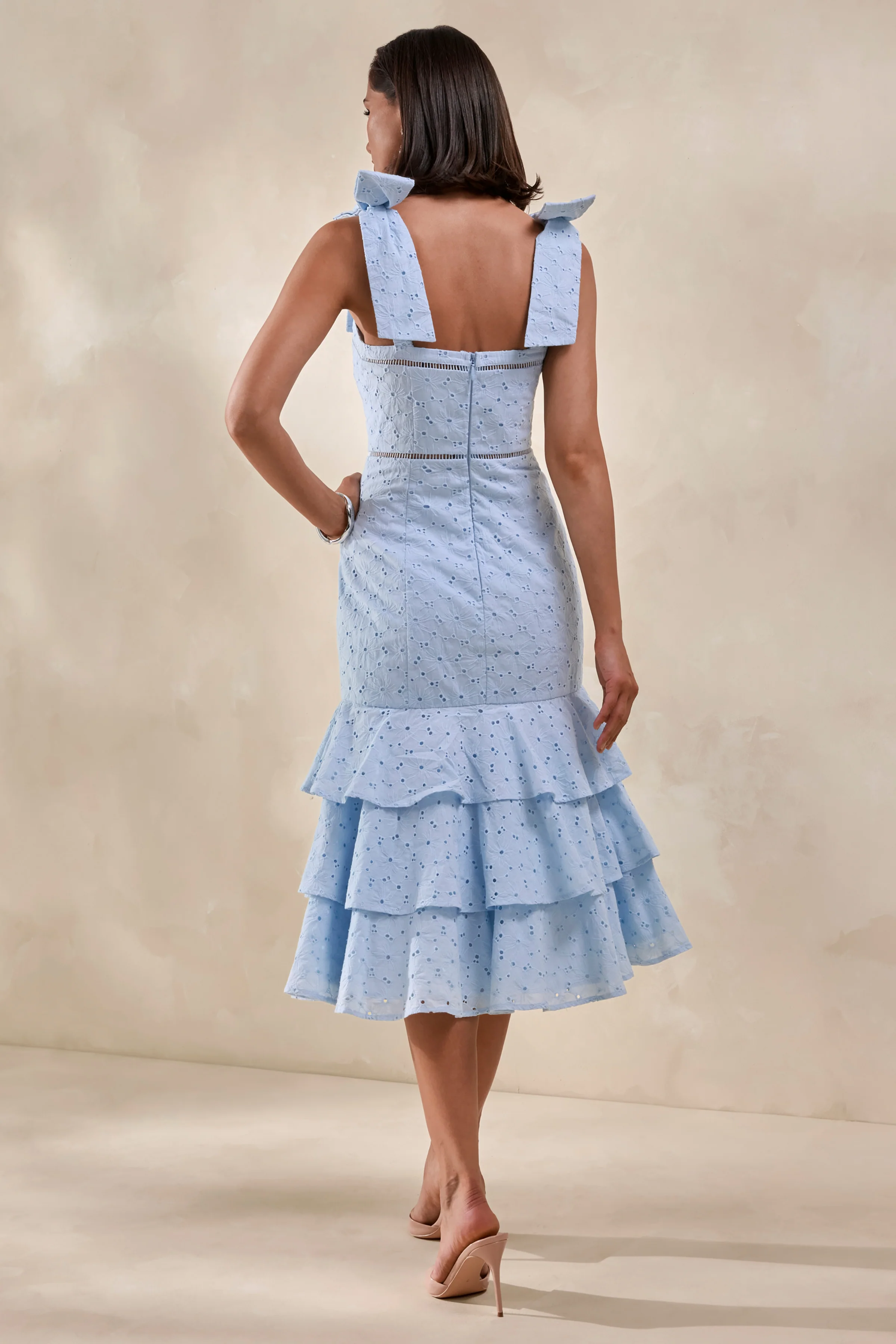 Velissia | Blue Broderie Square-Neck Midi Dress With Bow-Sleeves And Ruffled-Hem - Image 3