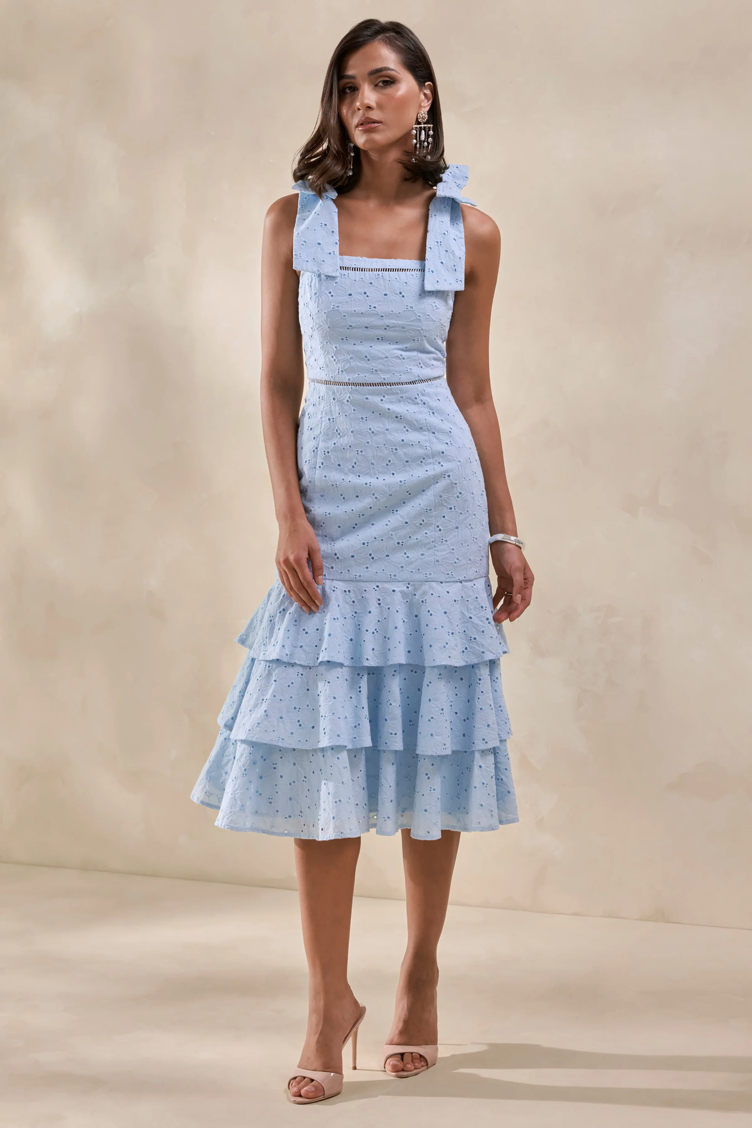 Velissia | Blue Broderie Square-Neck Midi Dress With Bow-Sleeves And Ruffled-Hem - Image 5