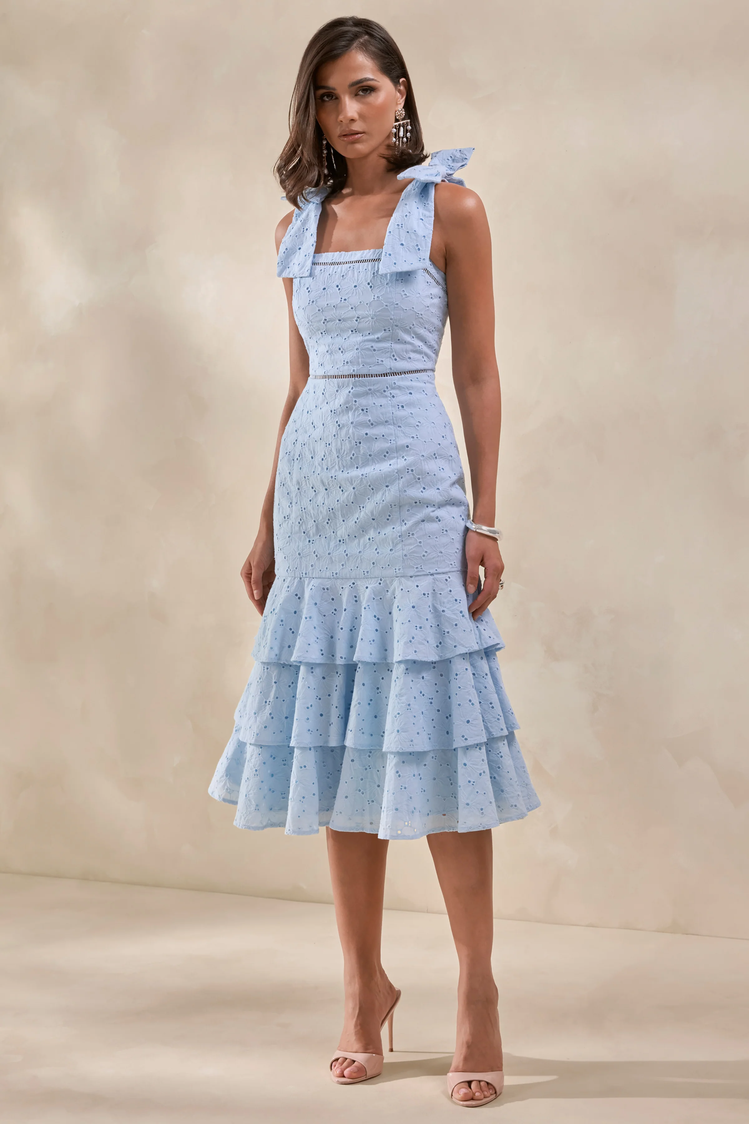Velissia | Blue Broderie Square-Neck Midi Dress With Bow-Sleeves And Ruffled-Hem - Image 6