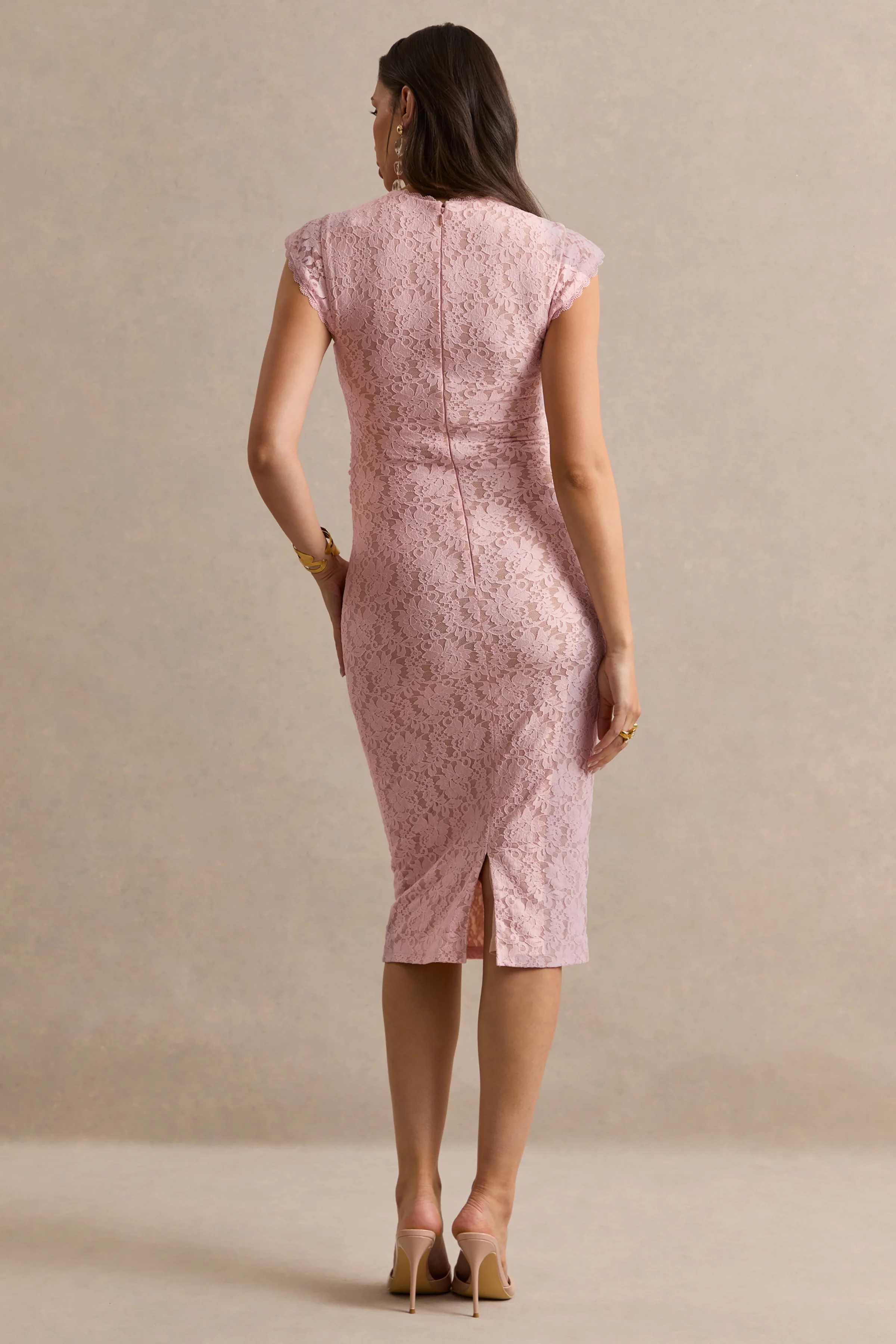 Vianne | Pink Lace Round-Neck Maternity Midi Dress - Image 2