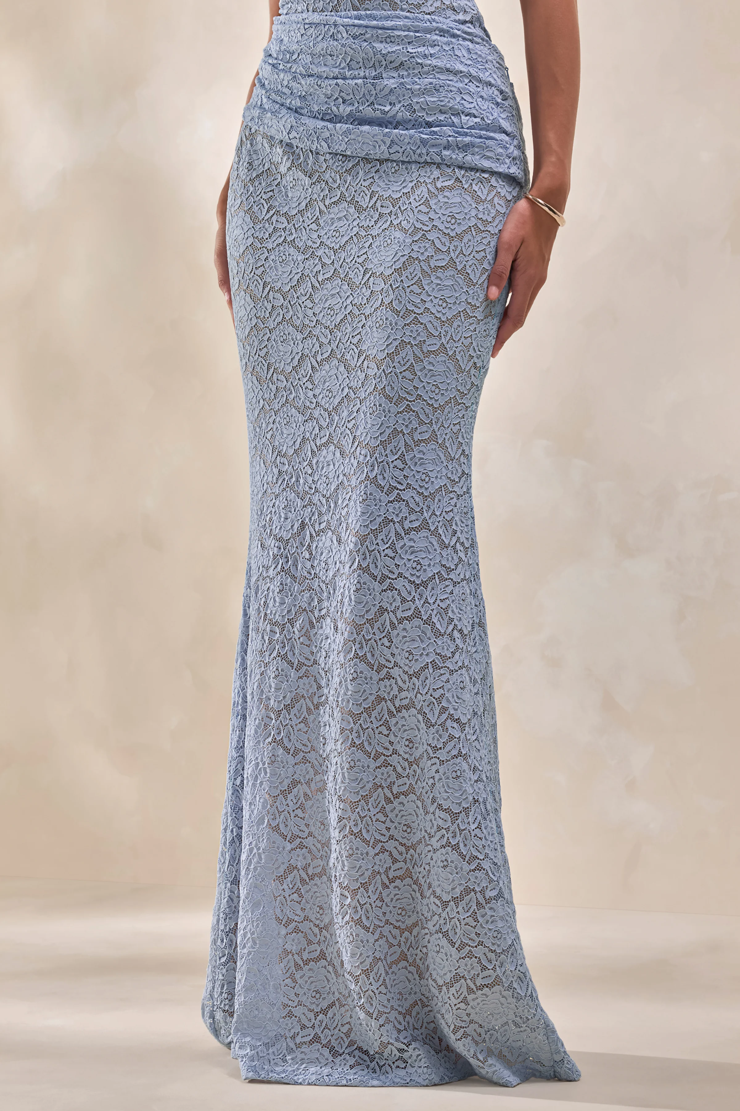 Viara | Powder Blue Lace Maxi Skirt With Draped-Detailing - Image 3