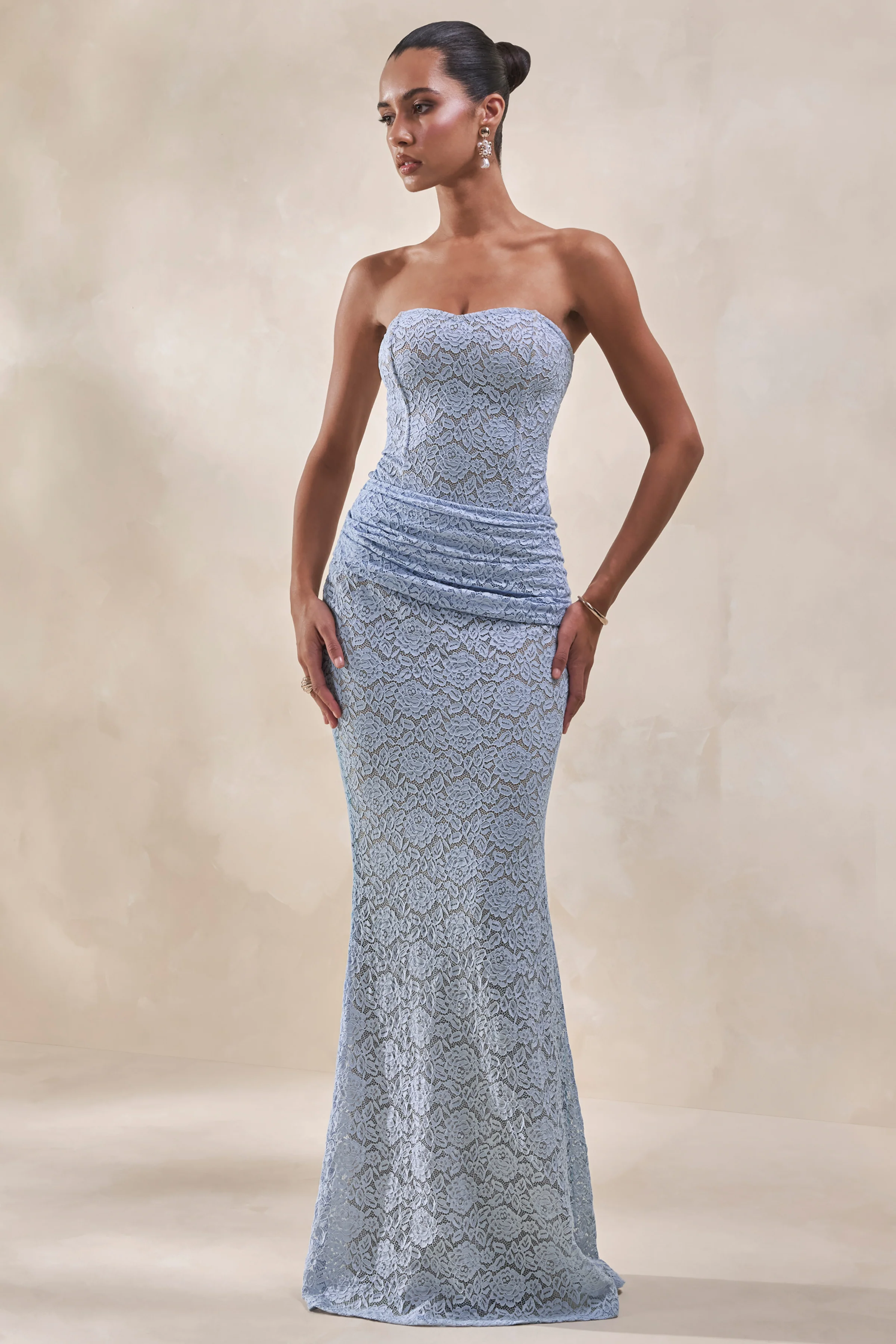 Viara | Powder Blue Lace Maxi Skirt With Draped-Detailing - Image 5