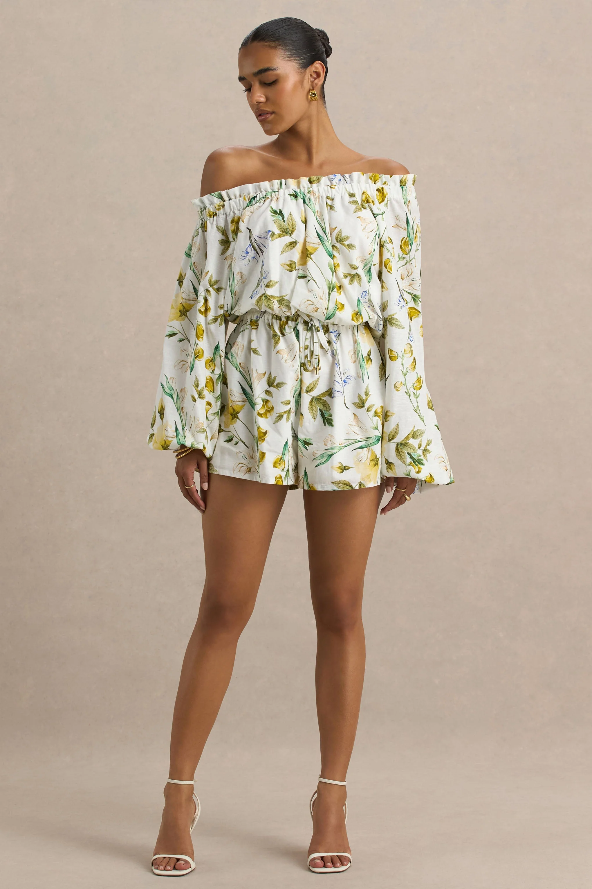 Waterfall | Lemon Floral Print Asymmetric Long-Sleeve Romper - Image 3