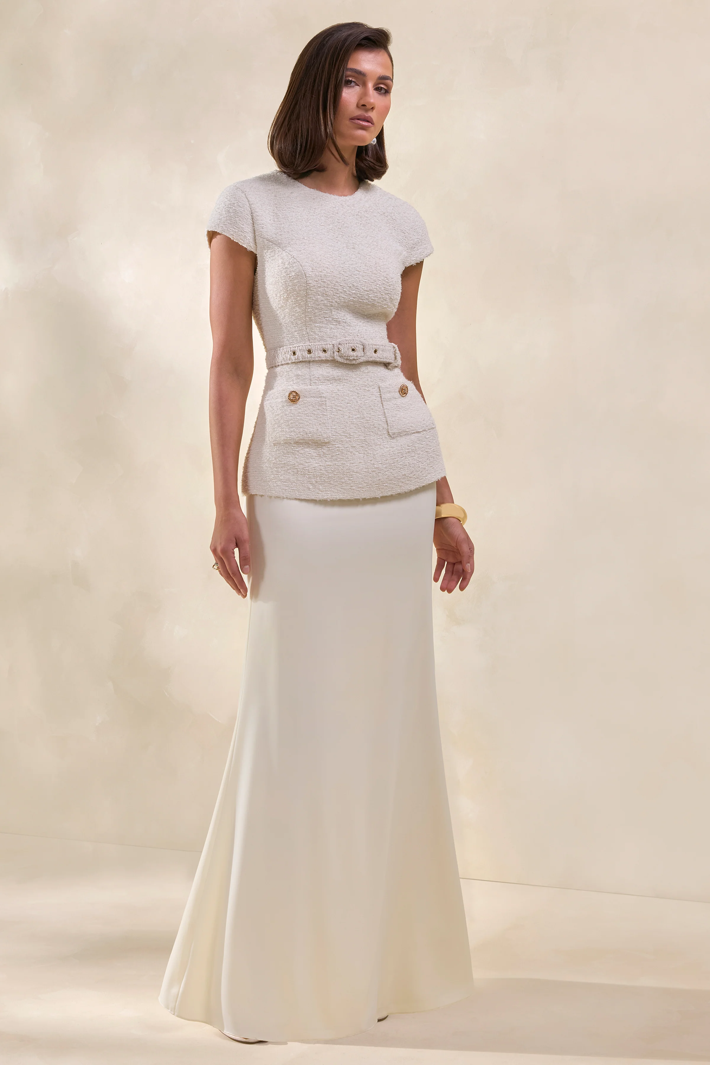 Whispera | Cream Crew-Neck Maxi Dress With Satin Skirt And Pocket-Details - Image 5