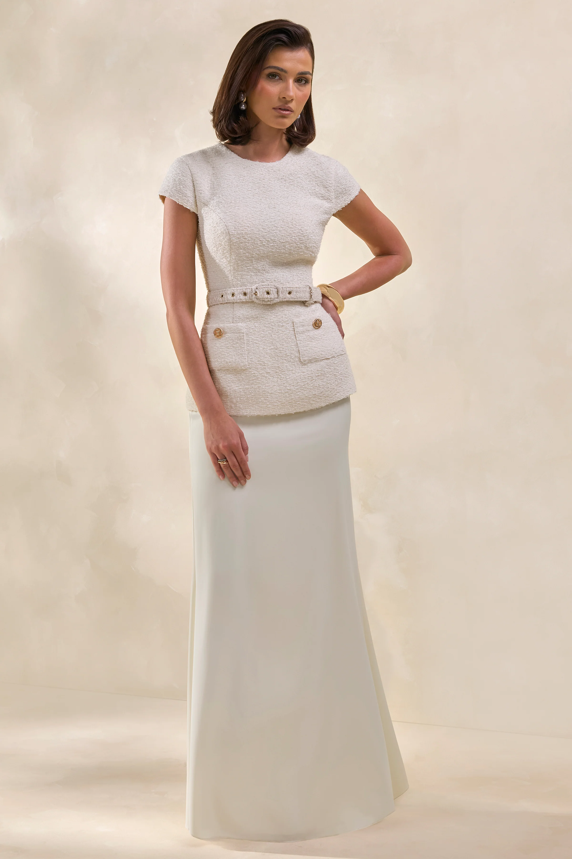 Whispera | Cream Crew-Neck Maxi Dress With Satin Skirt And Pocket-Details - Image 6
