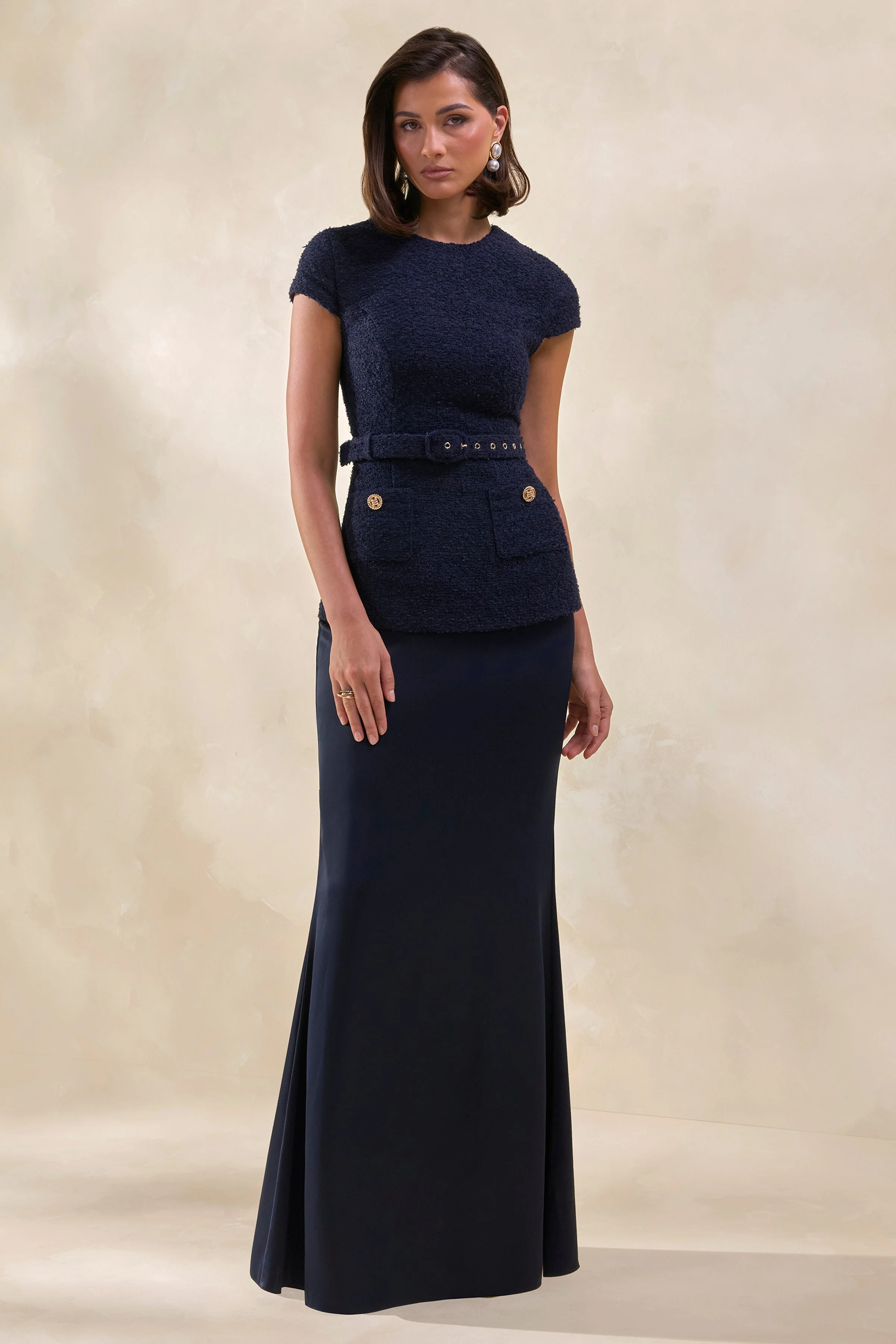 Whispera | Navy Crew-Neck Maxi Dress With Satin Skirt And Pocket-Details - Image 2