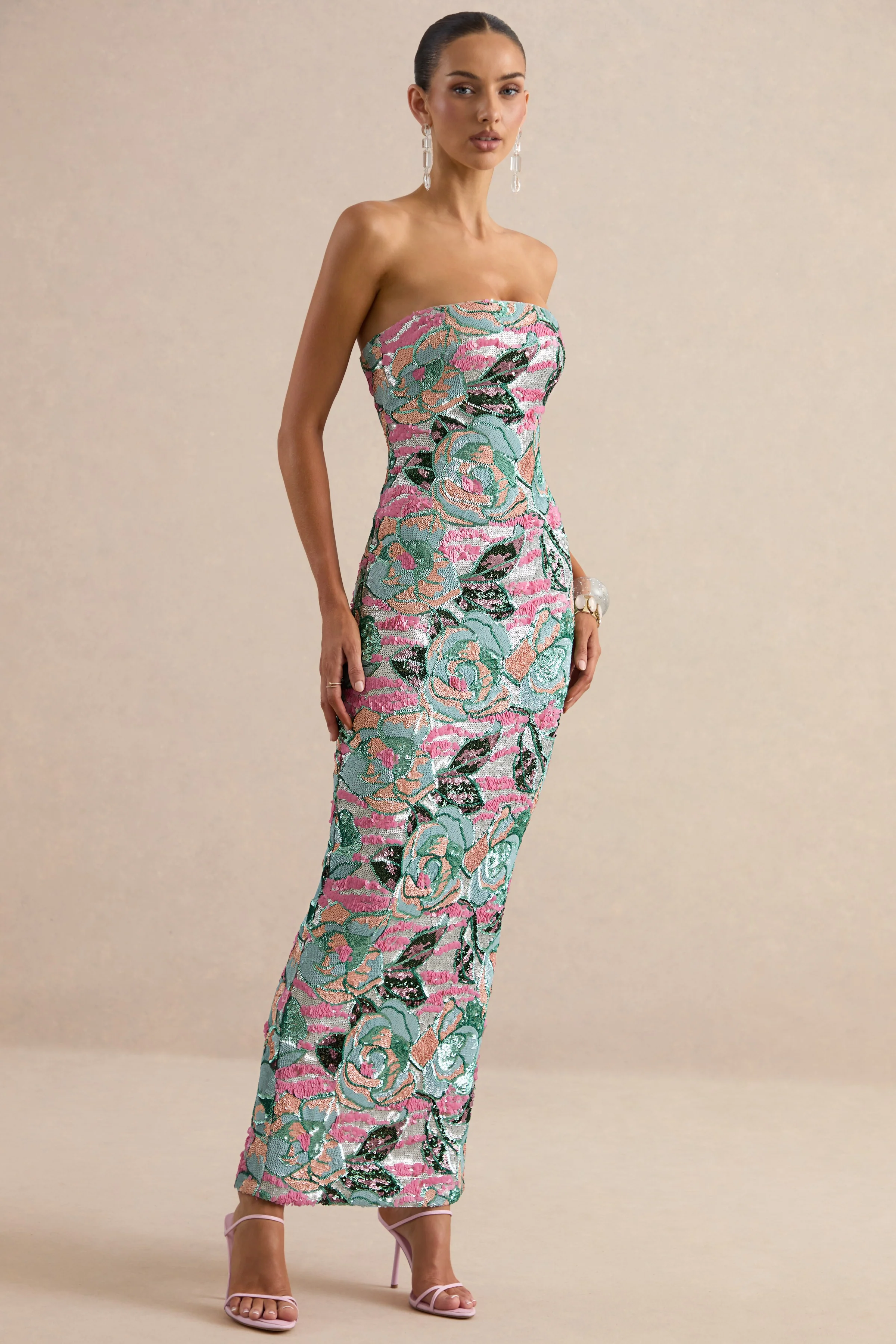 Xandra | Light Blue Floral Print Sequin Bandeau-Neck Maxi Dress - Image 4