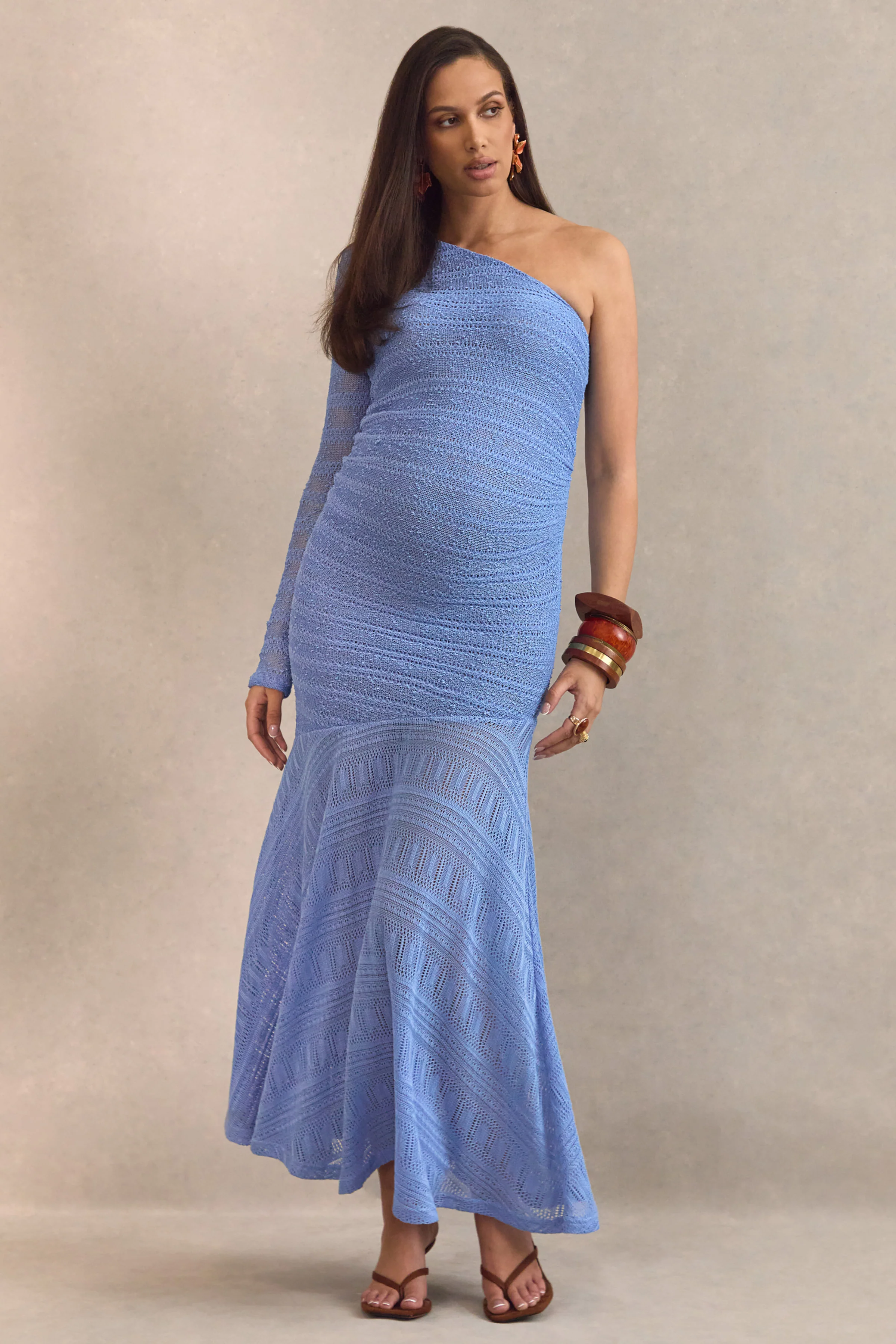 Xavia | Blue Asymmetric-Neck Maternity Maxi Dress With Sheer Skirt - Image 5