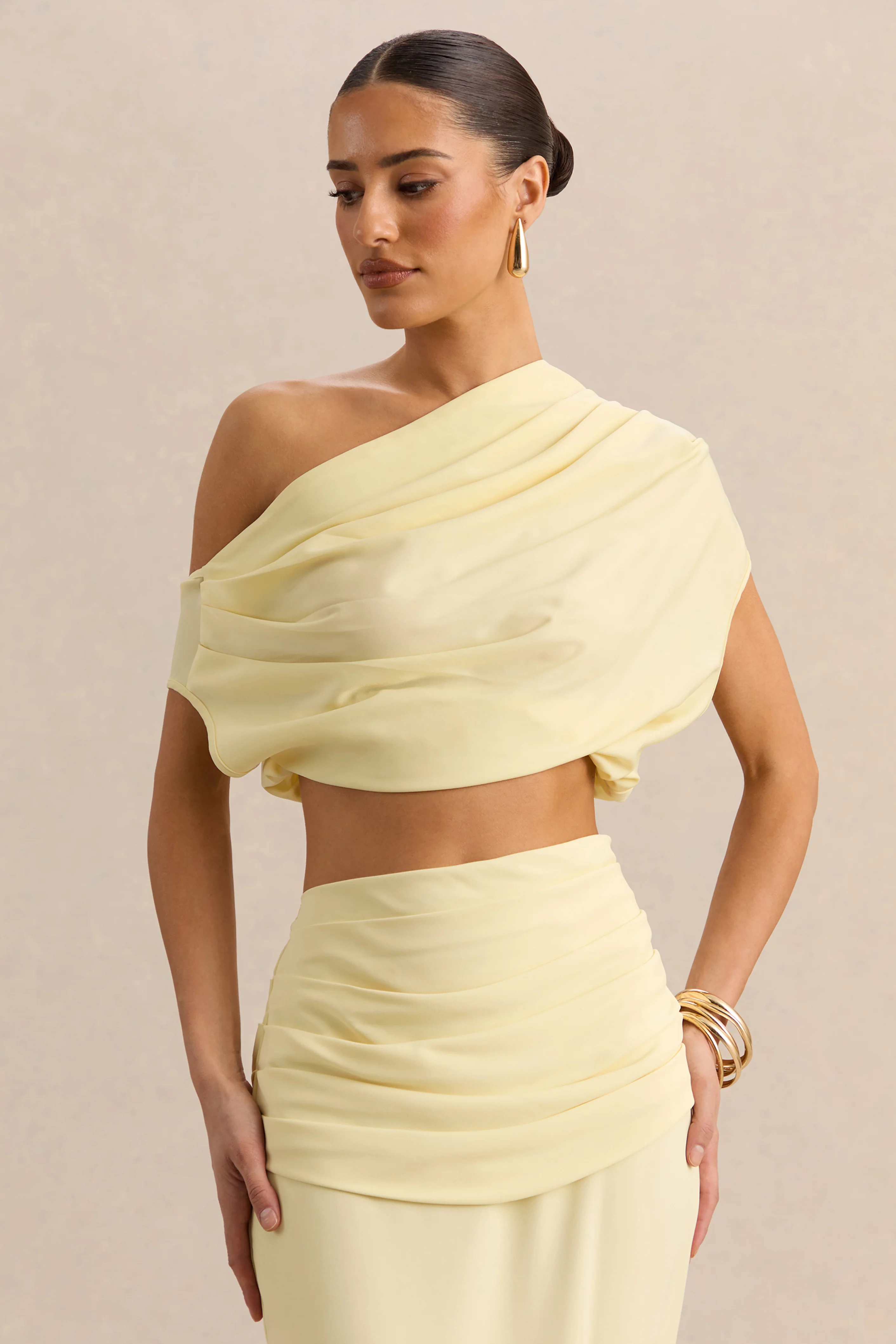 Yaselle | Lemon Satin Asymmetric-Neck Crop-Top - Image 6