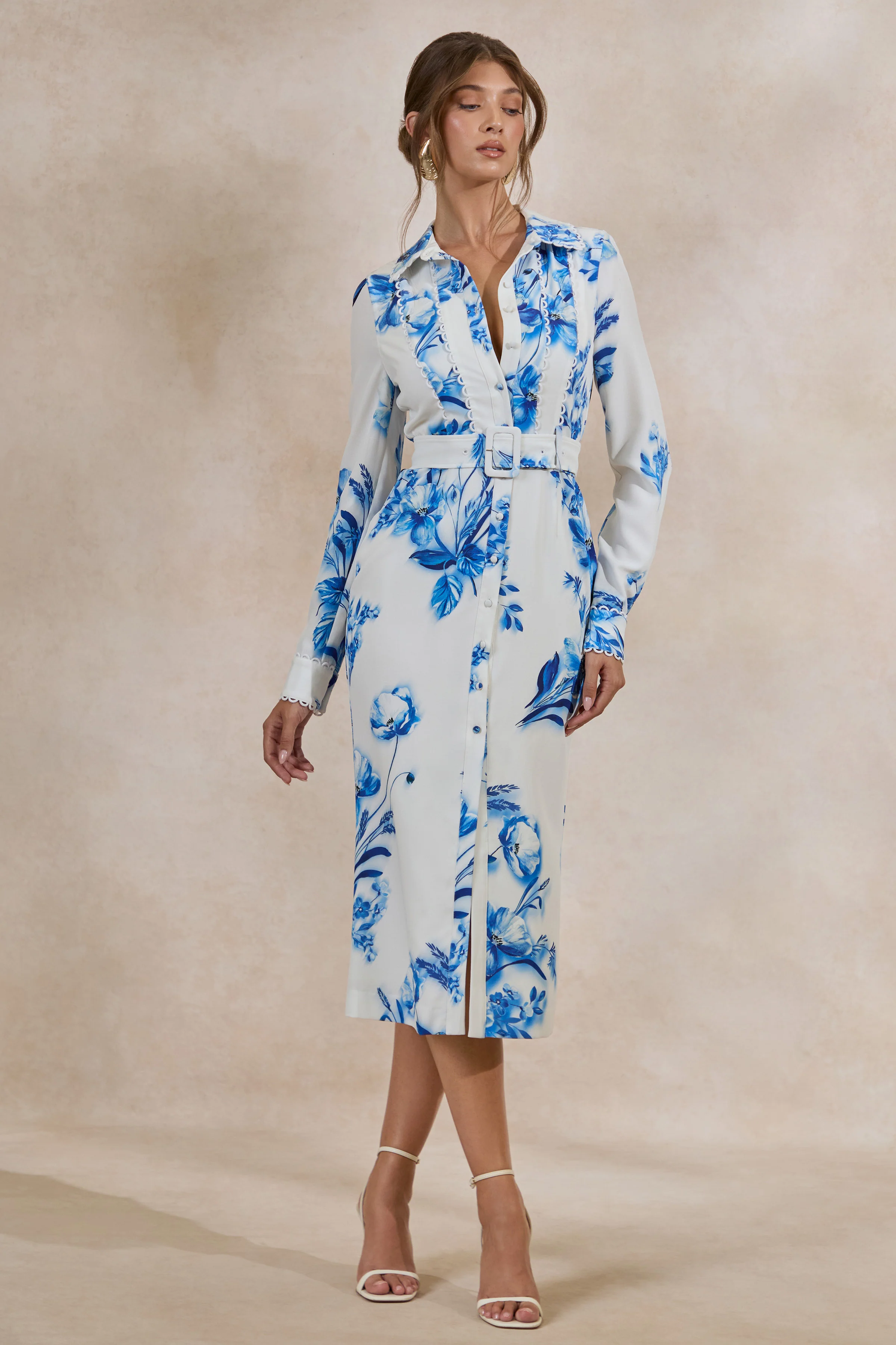 Zephy | Blue Floral Print Belted Shirt Midi Dress - Image 2