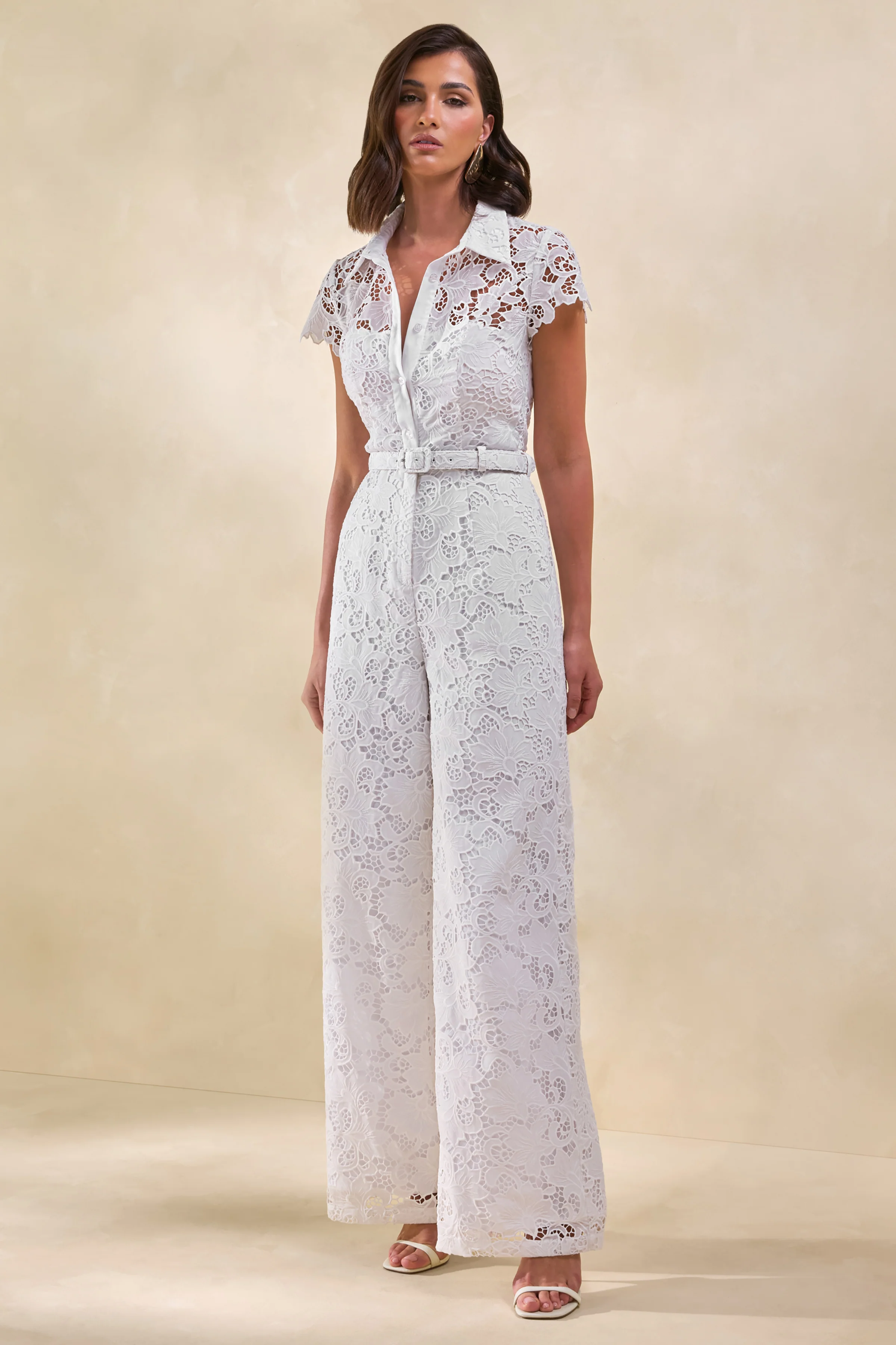 Zerelle | White Lace Collared Plunge-Neck Jumpsuit With Belt-Detail - Image 5